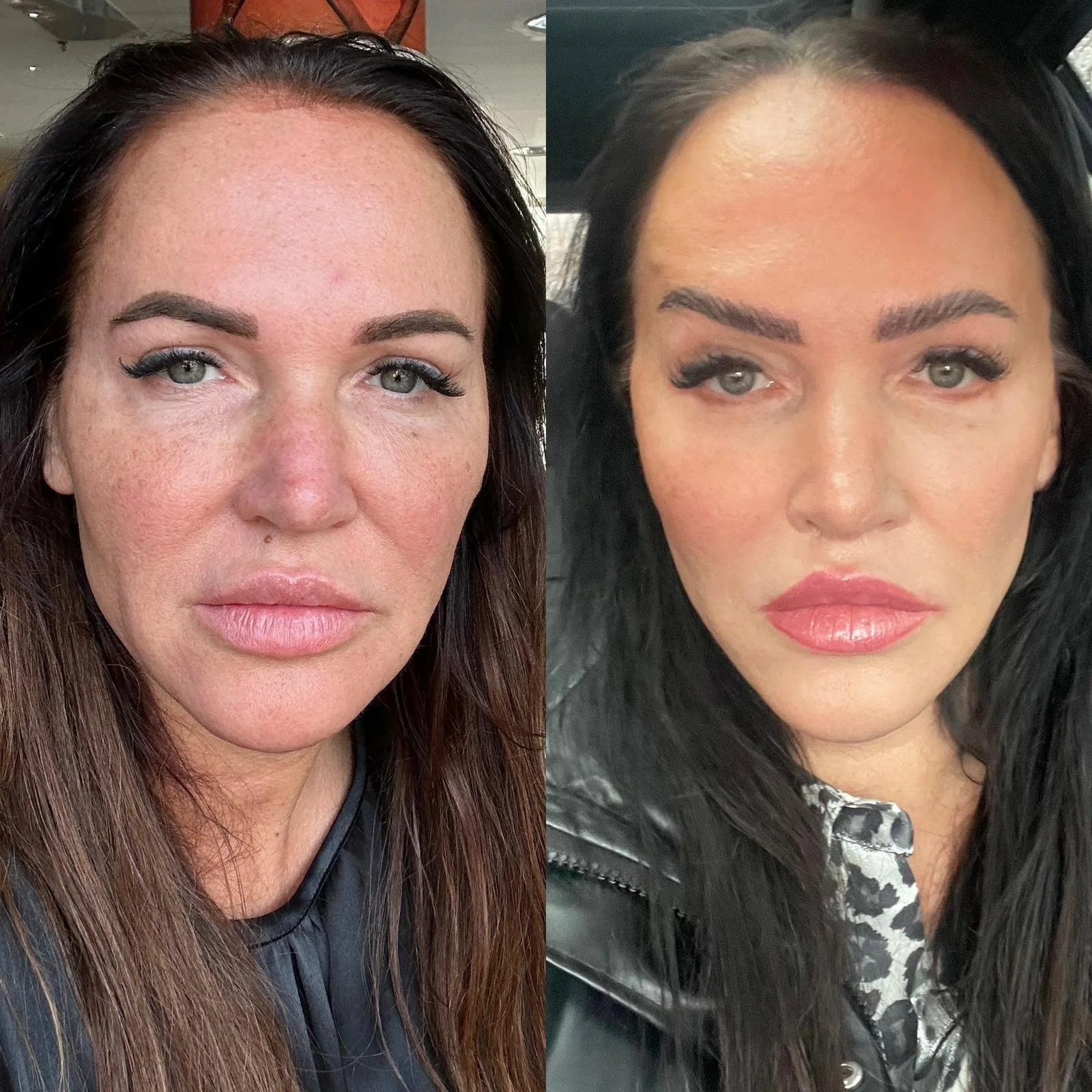 Kuvassa on kaksi naista, toinen vasemmalla ja toinen oikealla. Vasemman naisen hiukset ovat ruskeat ja hänellä on meikkiä, oikean naisen hiukset ovat mustat ja hänellä on myös meikkiä.