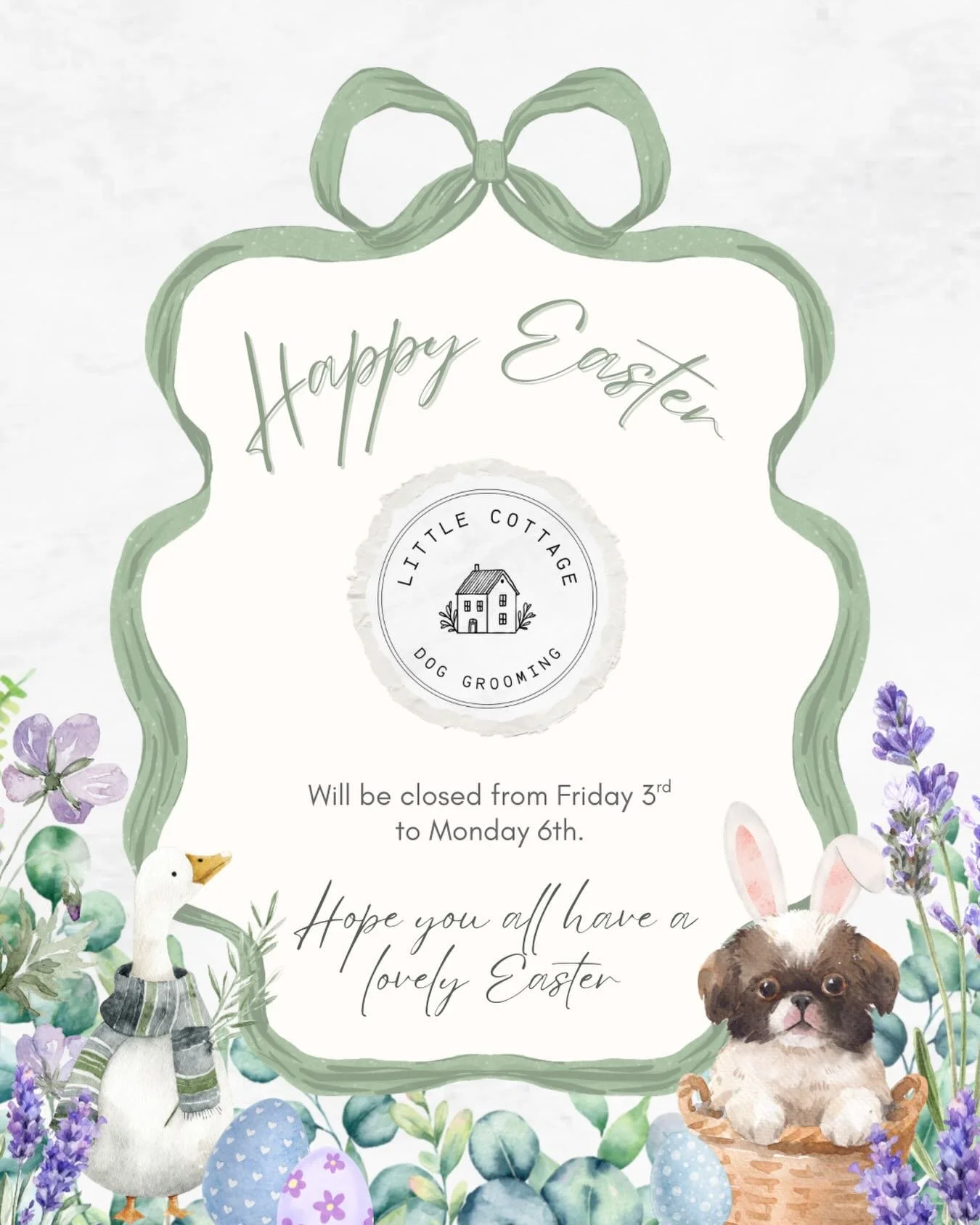 🌻 Easter is almost here! 🌻
Little Cottage Dog Grooming will be closed from Good Friday to Easter Monday! During that time messages and replies may be a bit delayed.

Hope everyone has a lovely long weekend. 🙏

- Meg

#doggrooming #dogsofsouthernhi