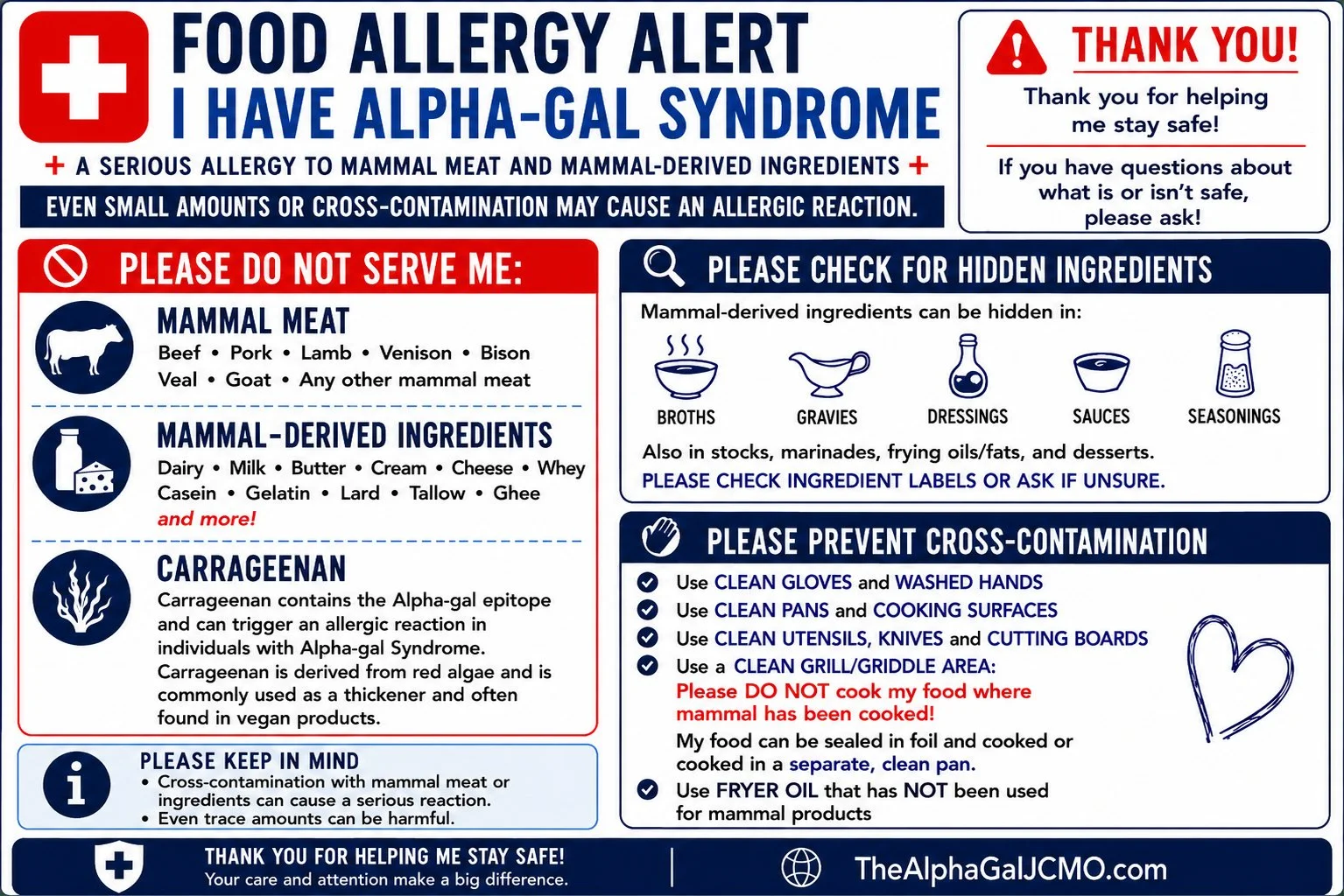Alpha-Gal Syndrome Food Allergy Restaurant Card