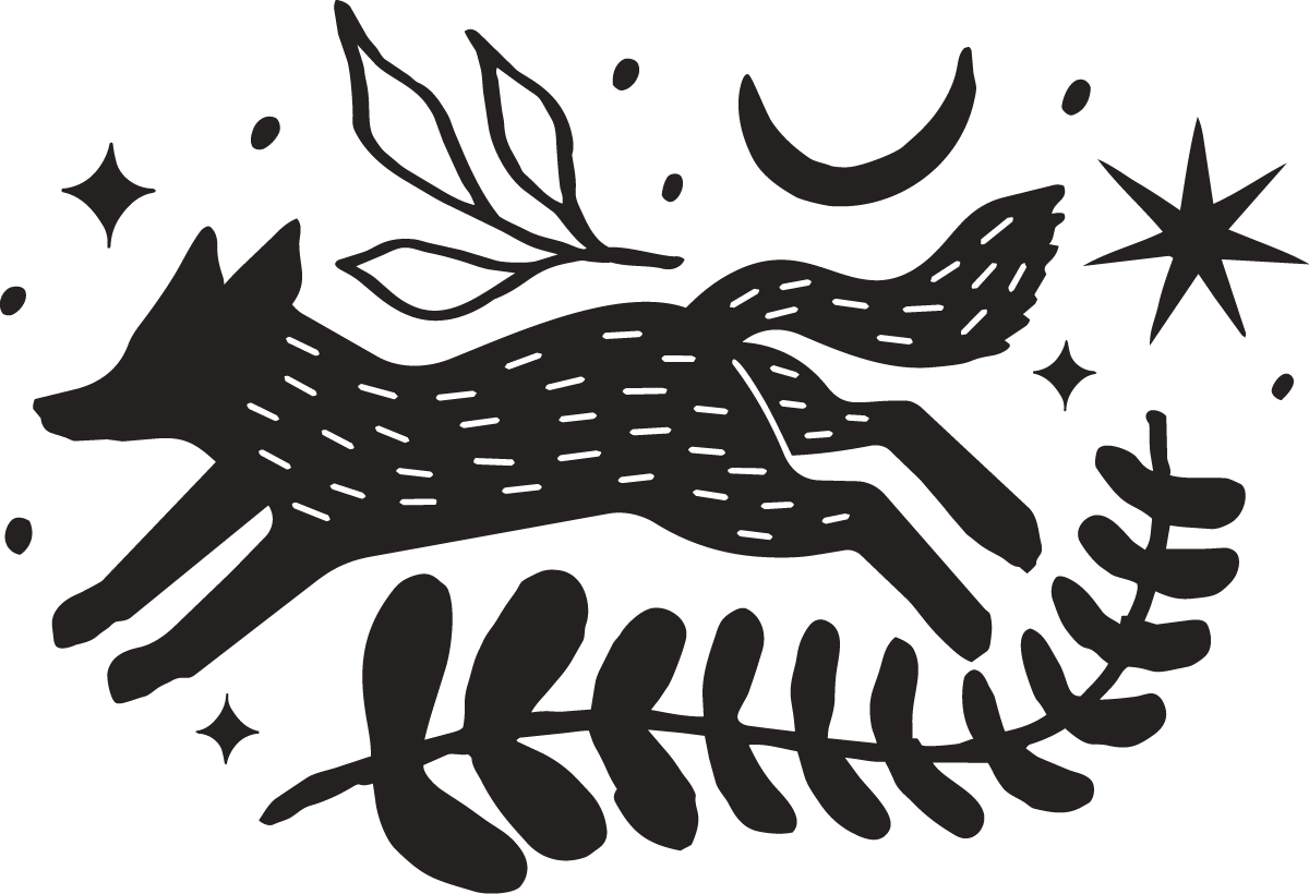 Black fox, fern, moon, leaf, and stars illustrations.