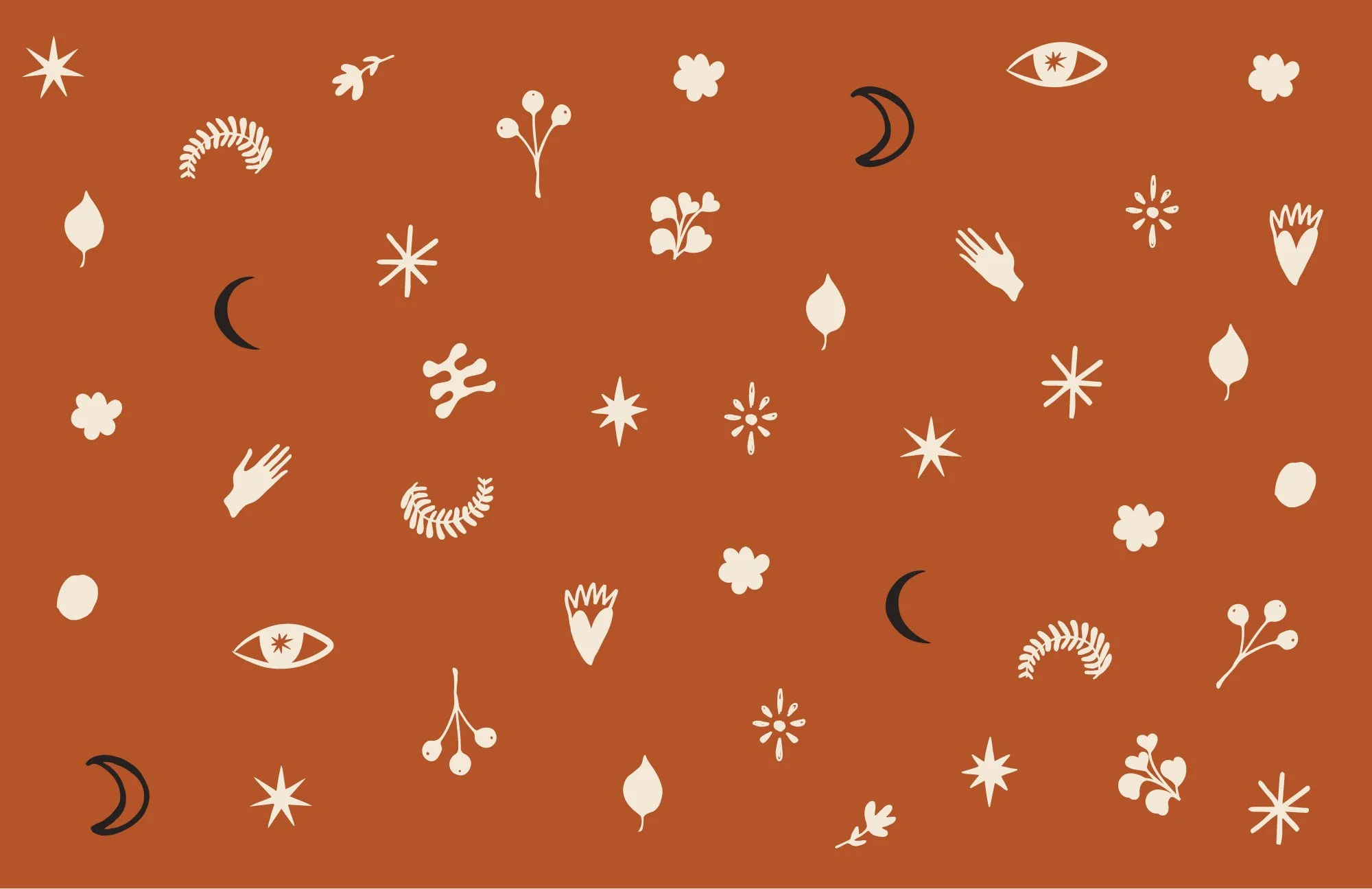 Pattern of cream and black icons on an orange background.