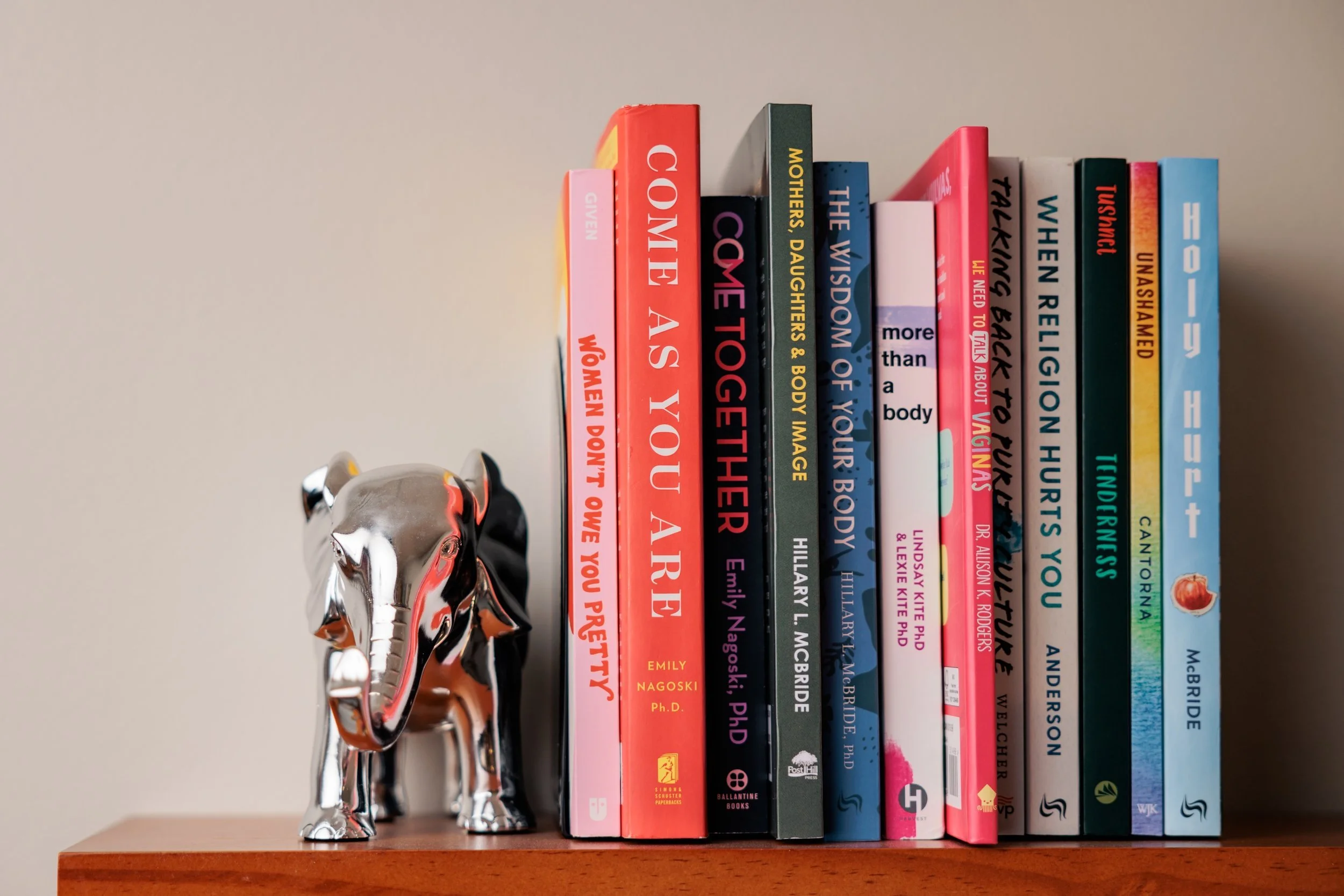 A bookshelf with a silver elephant bookend.