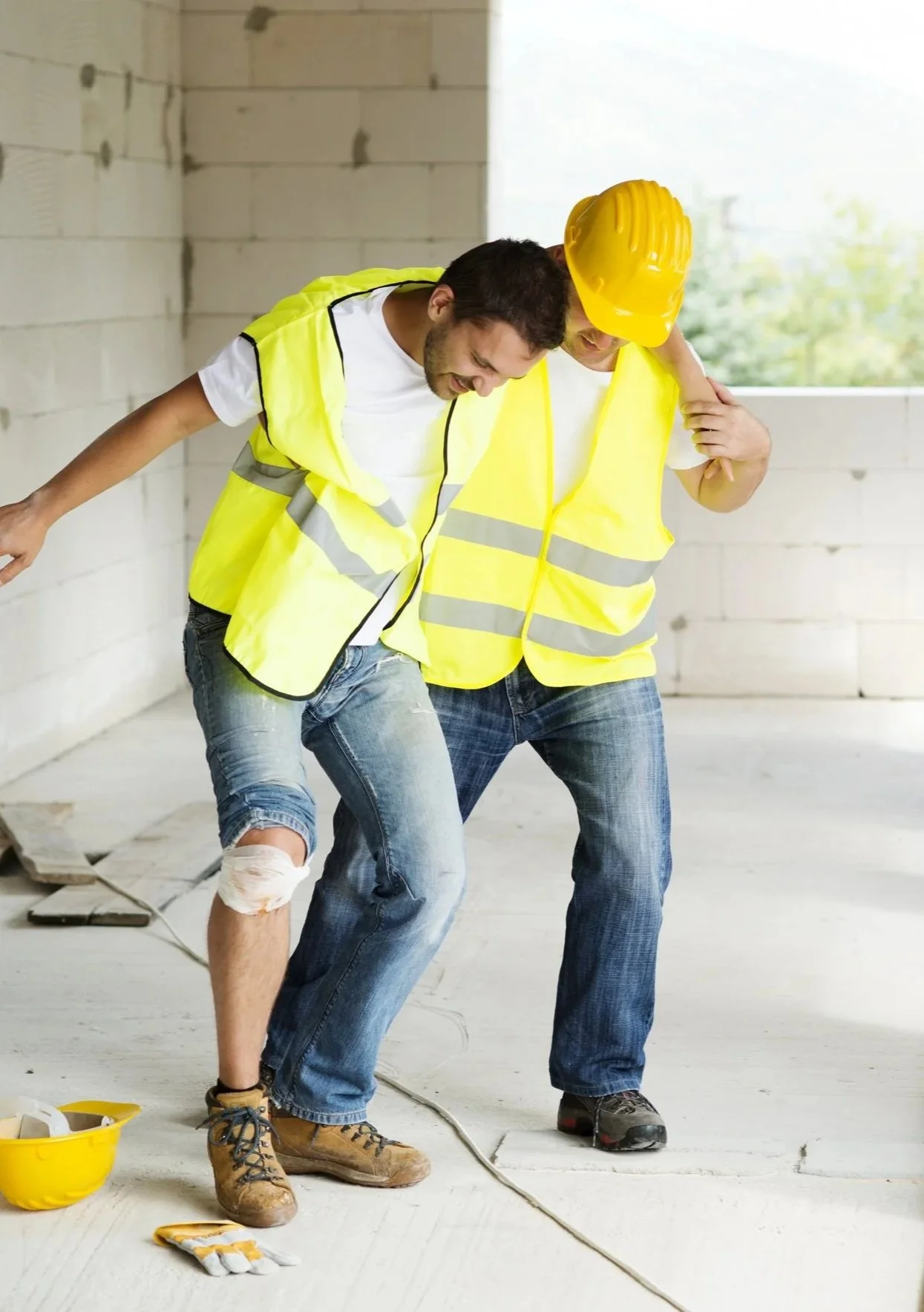 Two construction workers wearing yellow safety vests and helmets, assisting an injured worker with a leg injury on a construction site.