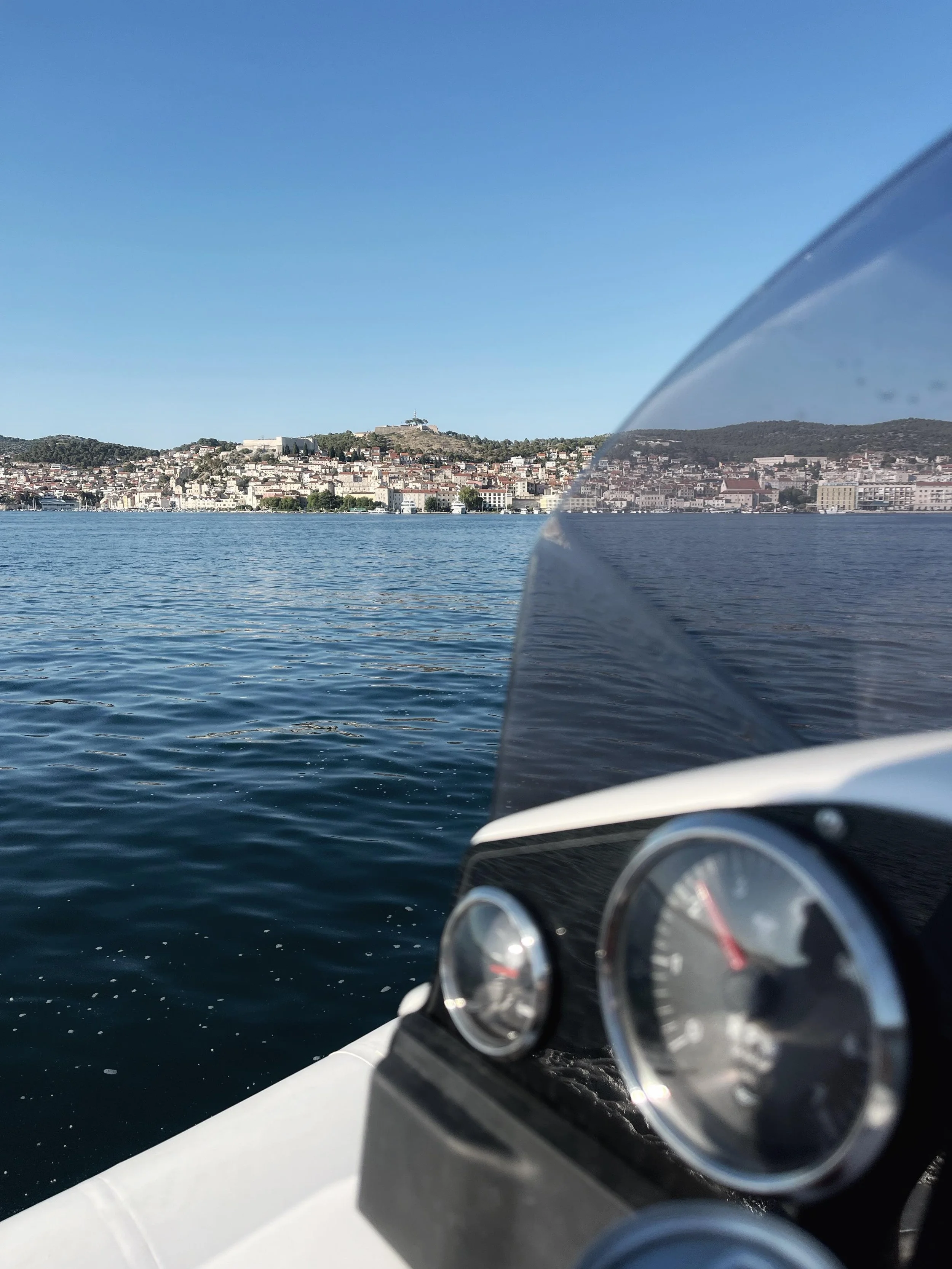 Close-up of a boat's dashboard with SIMRAD navigation, when cruising through Sibenik channel