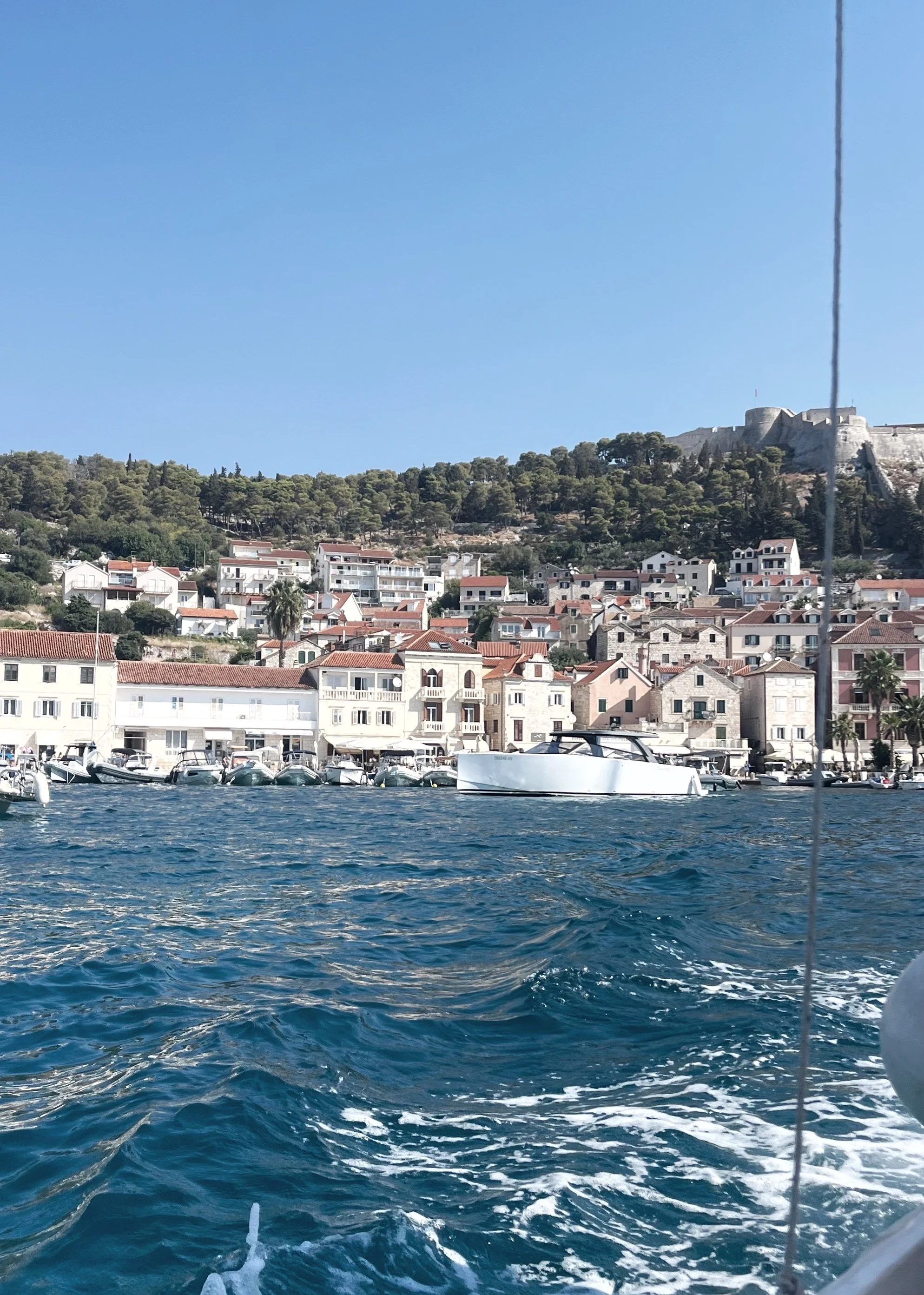 View of town of Hvar with its historical buildings with red roofs along the coast, palm trees and number of boats docked on the shore. Fort Spanjola of Hvar in the background.