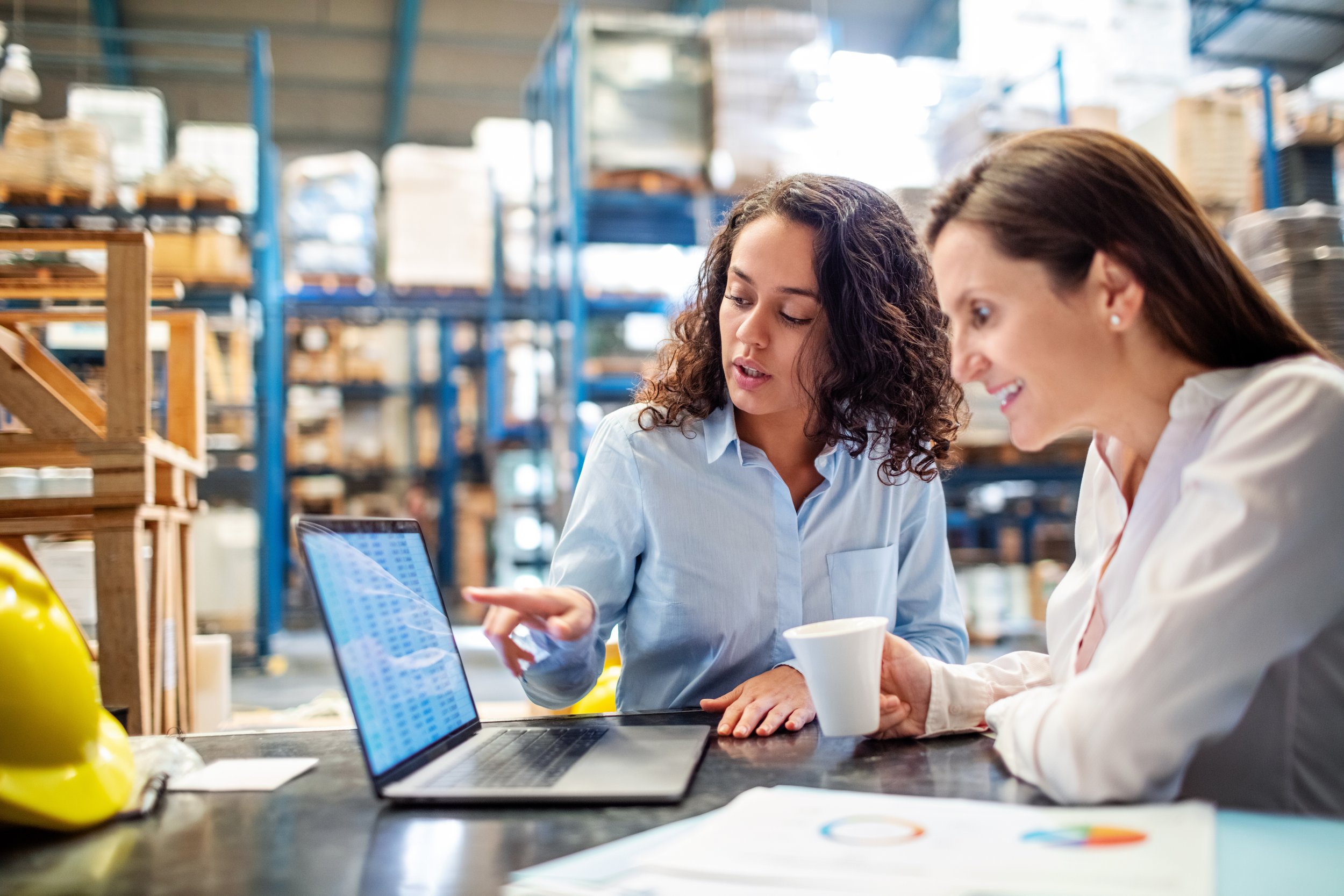 Woman providing software support to another woman, pointing out something on her computer screen, in a warehouse setting