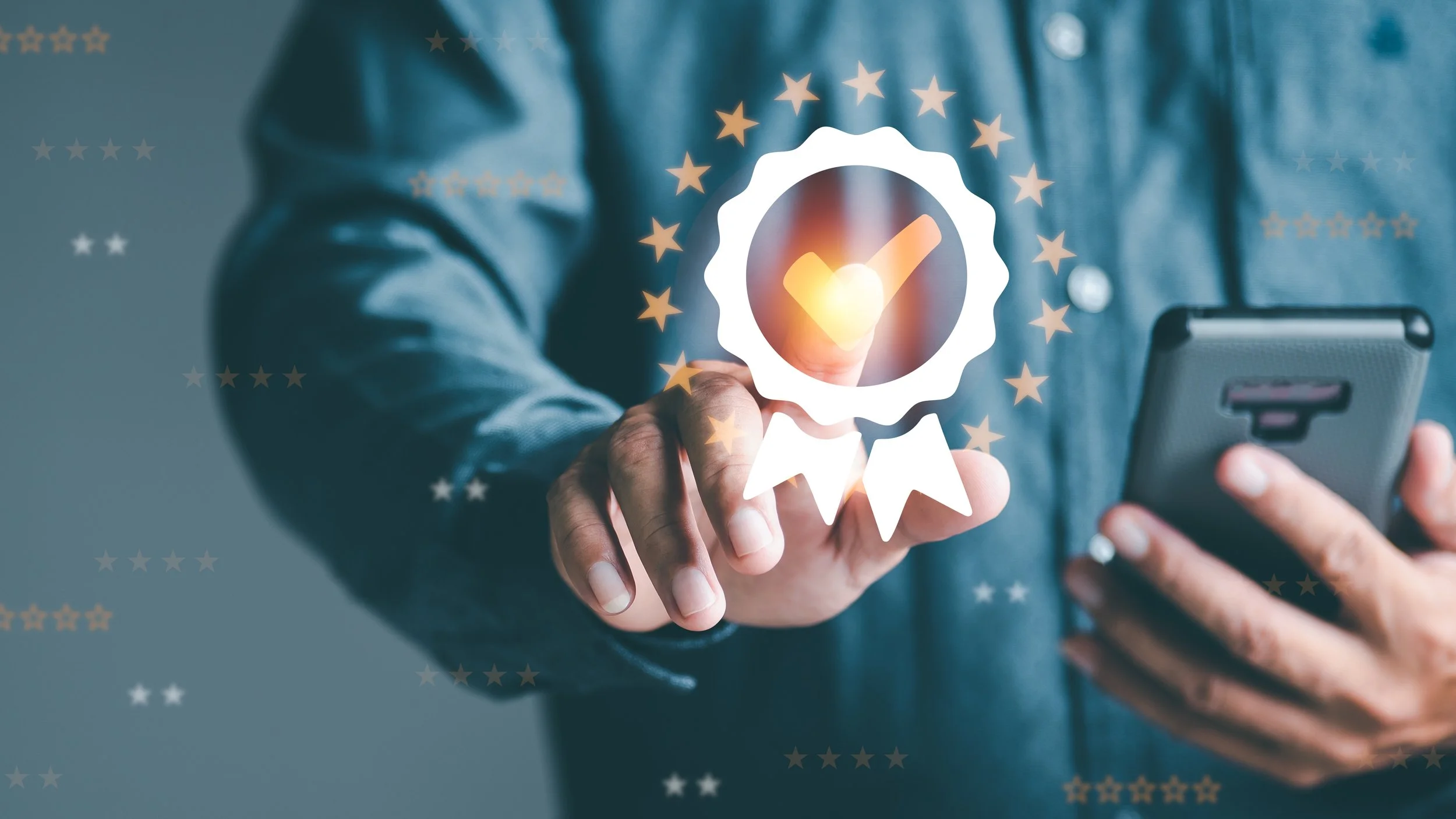 Pointed finger touching a gold tick surrounded by stars on the screen, depicting best practice and success