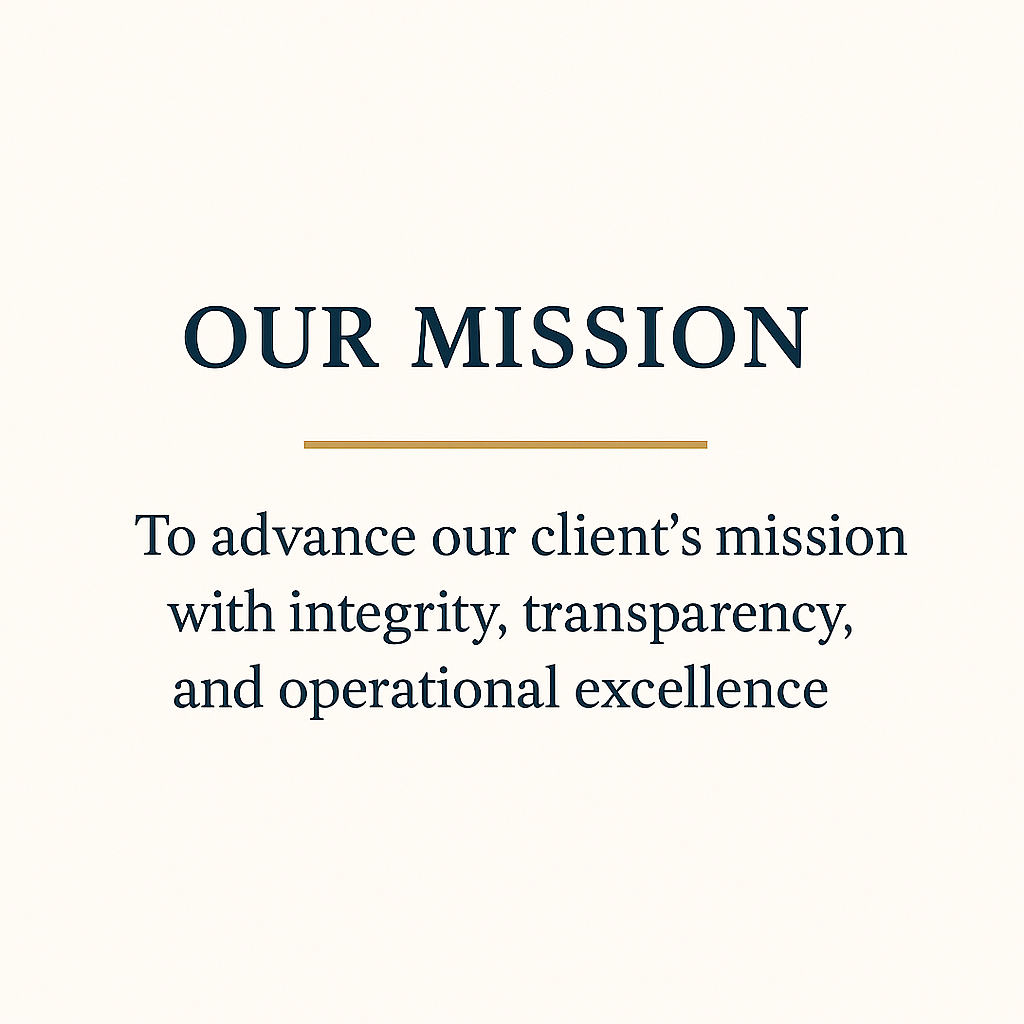 A presentation slide with the title 'Our Mission' stating the company's mission to advance their client's mission with integrity, transparency, and operational excellence.