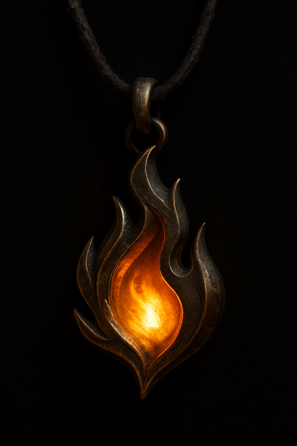 A bronze pendant shaped like a curling flame with a glowing heart; the Amulet of the Overeager Flame radiates passion and power as a homebrew DND5e TTRPG magic item from Mike’s Tavern for fiery fantasy campaigns in 2025.