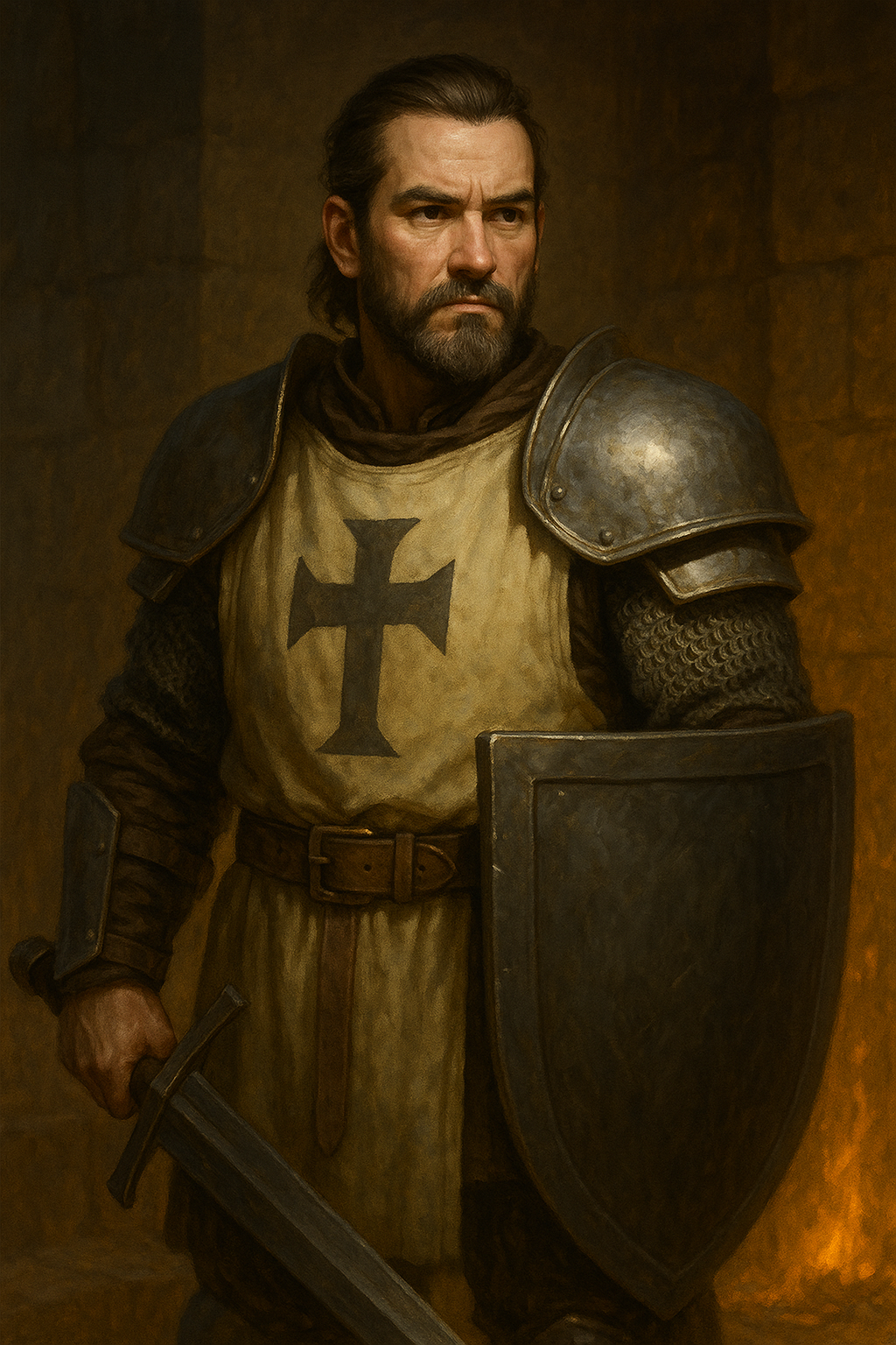 A semi-realistic portrait of Kael Veyne, the Paladin Who Worships No One, from Mike’s Tavern in Stowick, a DND5E player build known for defying the gods and drawing power from sheer conviction.