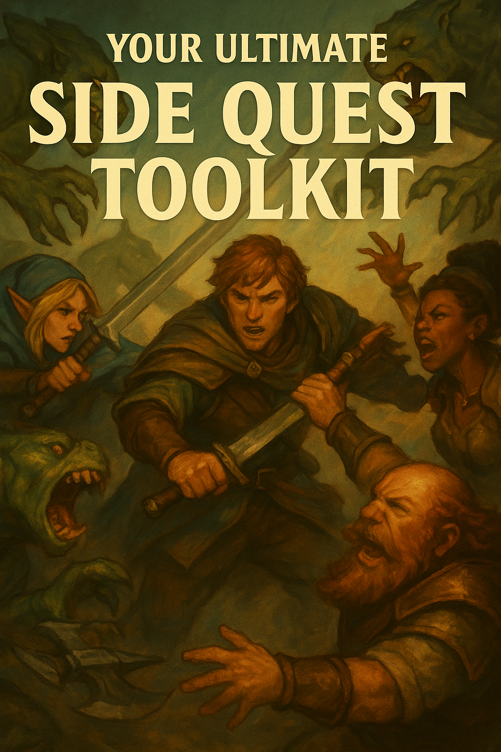 Artwork showing adventurers fighting goblins, elves, and orcs in a fantasy scene. The text reads 'Your Ultimate Side Quest Toolkit'.