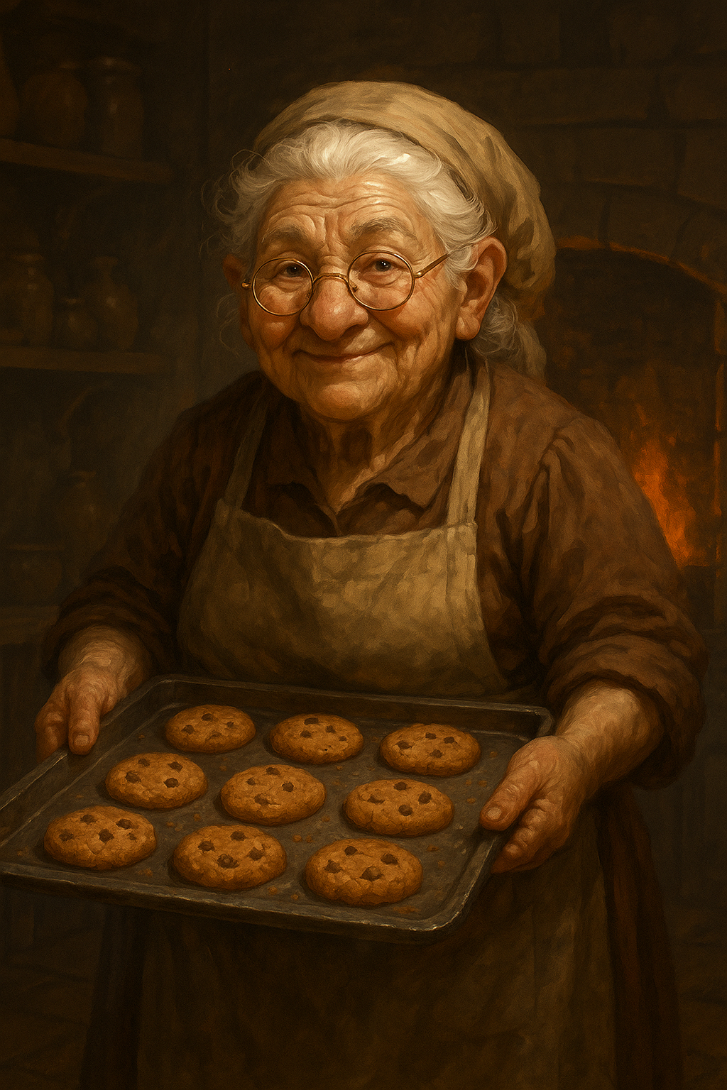 A warm, semi-realistic fantasy portrait of Grandma Nib, the Cookie Warlock of Mike’s Tavern in Stowick — a kindly dwarf NPC from the DND5E world of Mike’s Tavern