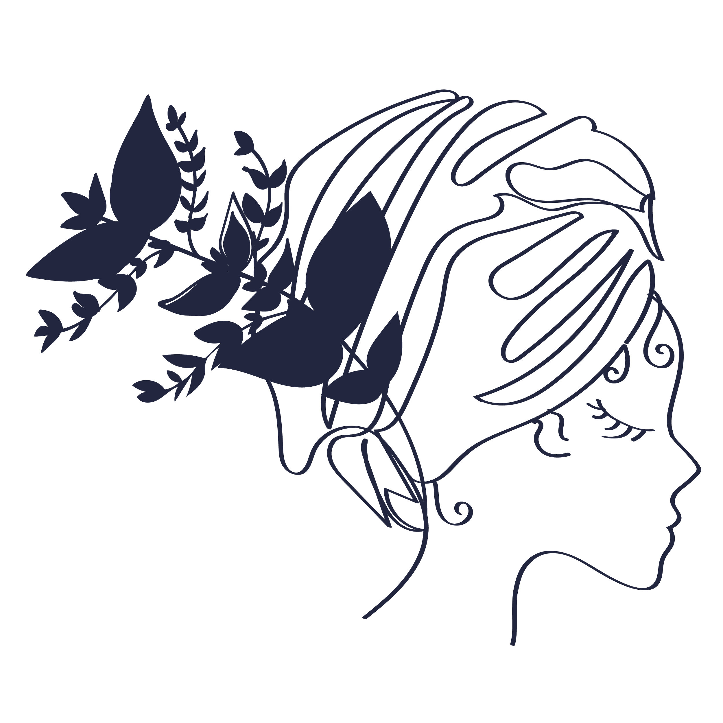 vector side outline of woman's face. She has a towel wrapped around her head with a leaf sprig.