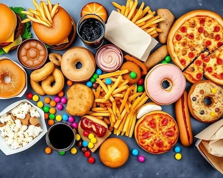 sugary & fatty food on table. Pizza, fries, doughnuts, lollies, popcorn, burgers