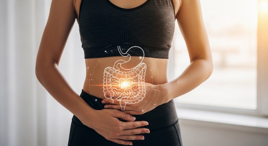 Person in gym clothes holding stomach with a vector image of digestive tract overlay