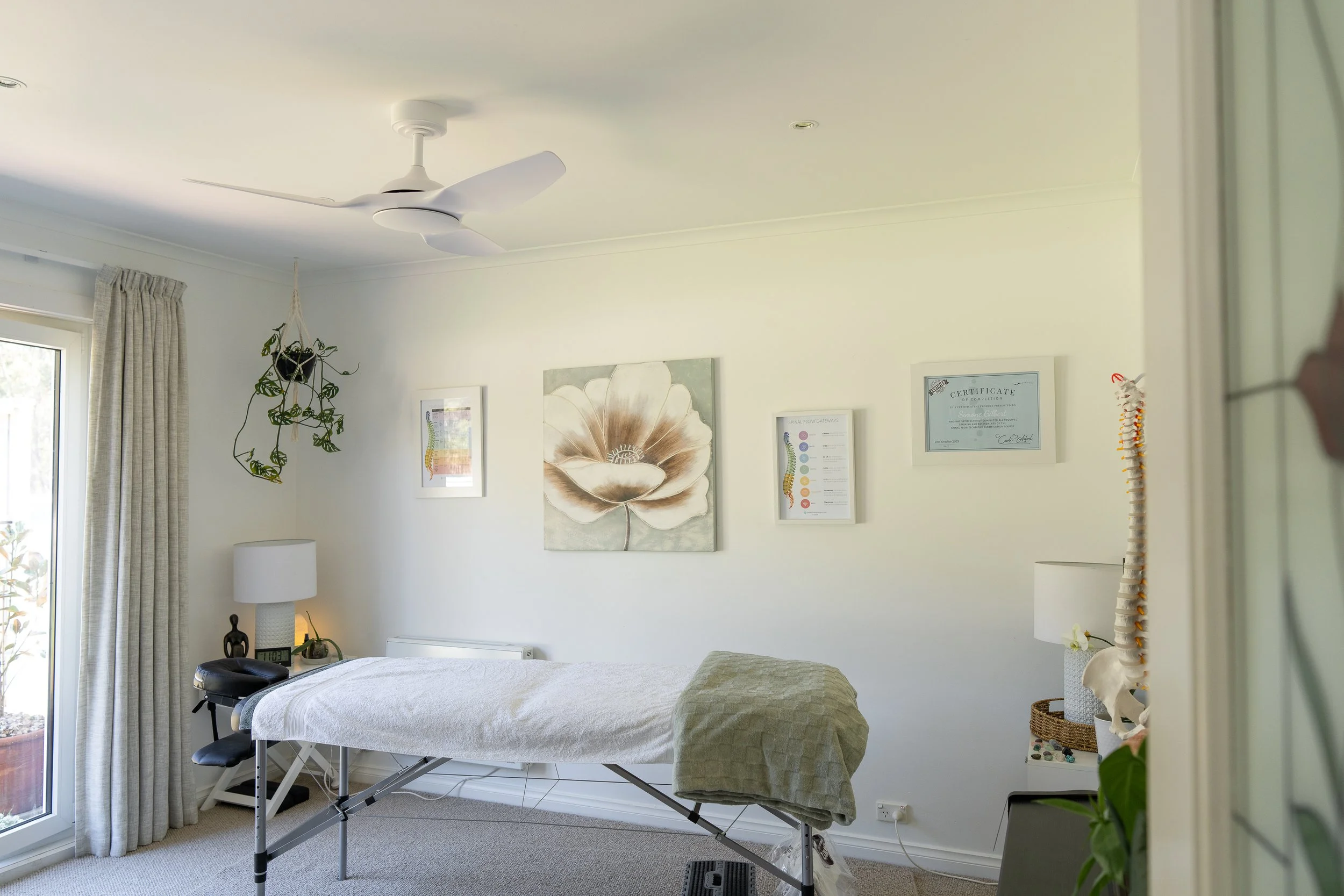 A massage room with a massage bed, a lamp, framed certificates and artwork, potted plants, and a ceiling fan.