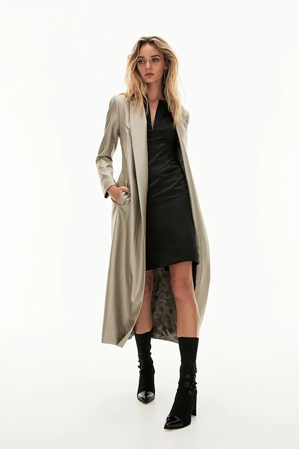 ‘Claire’ duchess silk satin cocktail dress under wool_silk ‘Tuxedo Trench’..jpeg