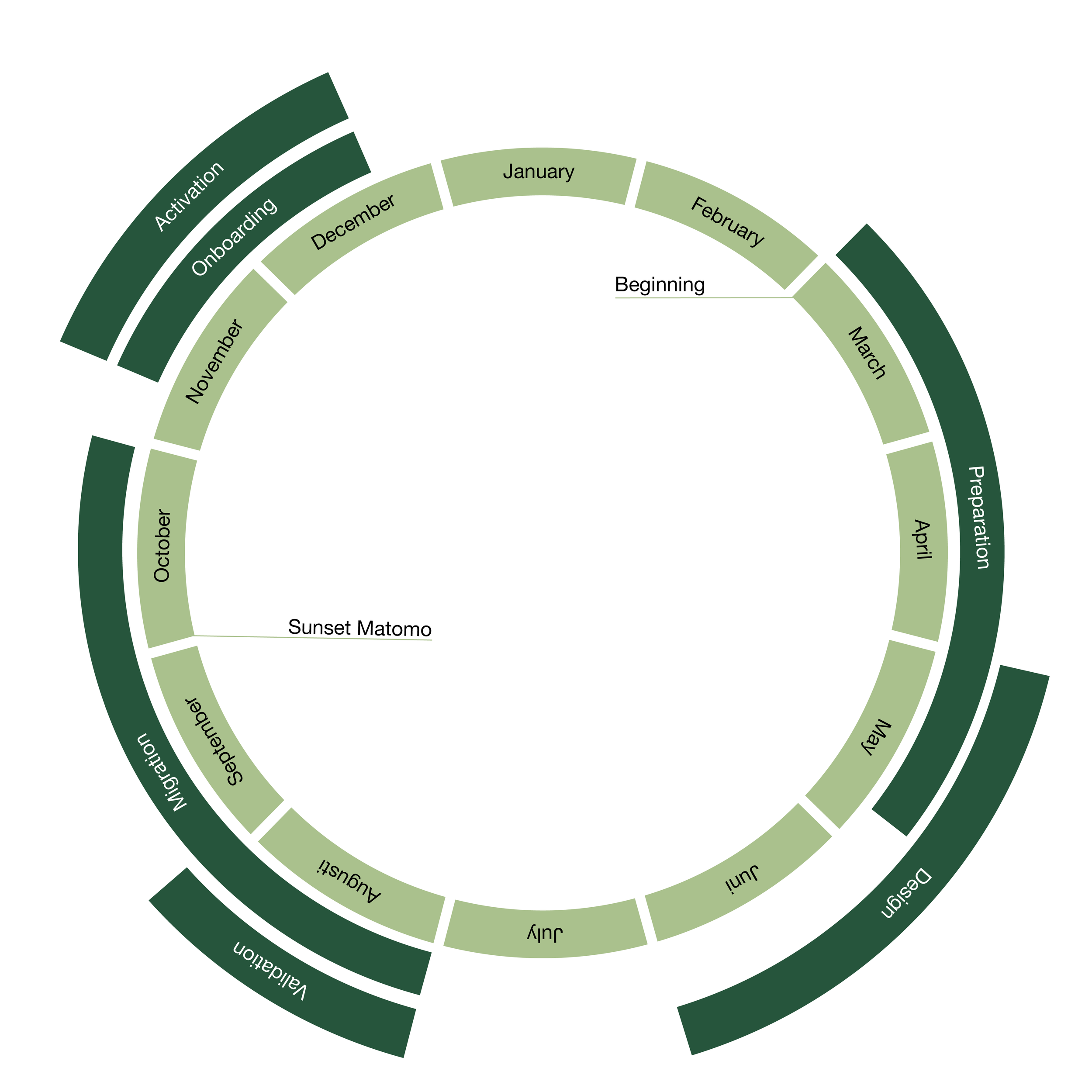 A circular timeline representing a yearly cycle with months arranged around the circle and key events marked, including Activation, Onboarding, Sunset Matomo, and Valuation.