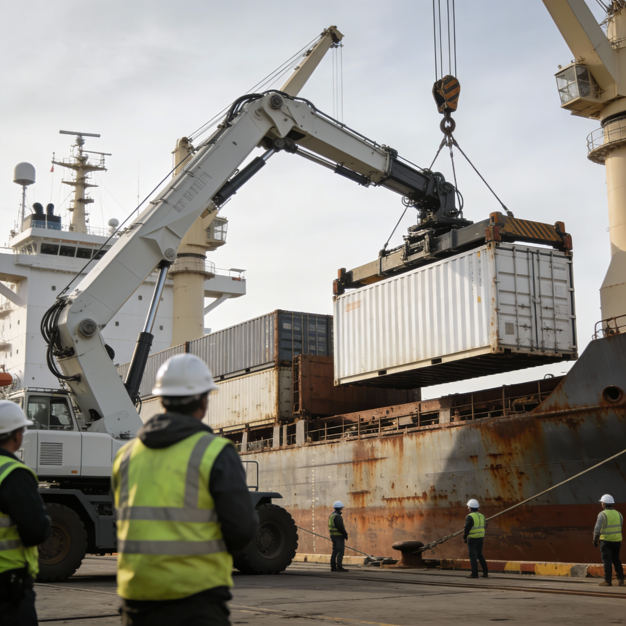Workers at a port unload shipping containers from a cargo ship using a crane, with some workers observing and guiding the process.