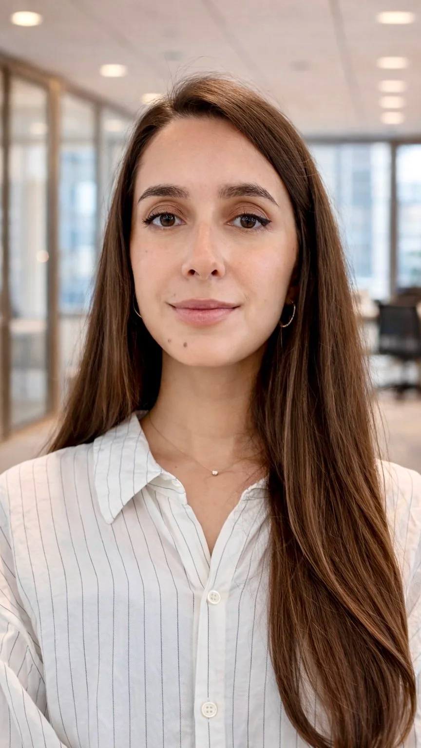 Close-up of a woman with long brown hair, wearing a white pinstripe blouse and small hoop earrings, smiling softly in a modern office setting