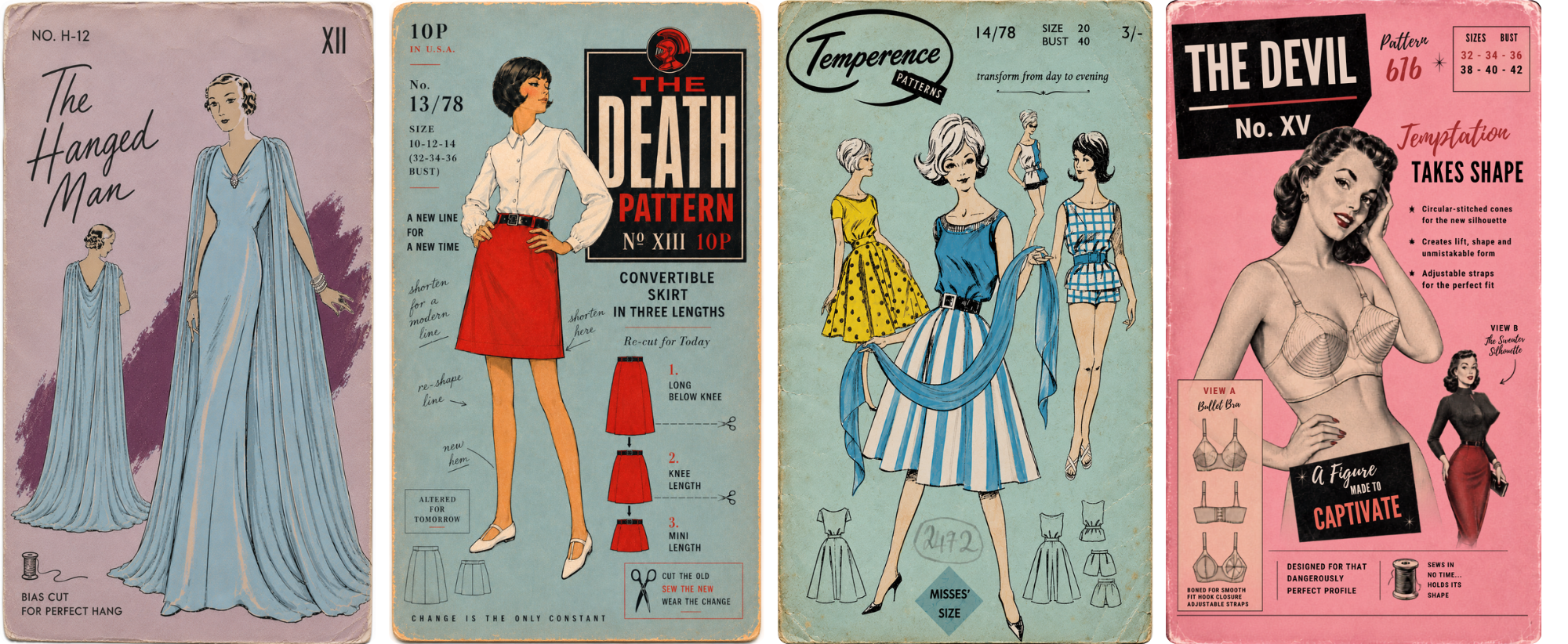 Four vintage sewing pattern envelopes featuring illustrations of women in various dresses and undergarments, with descriptions and sizing information.