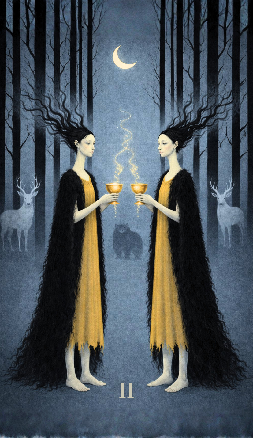 Two women with long flowing black hair, wearing yellow dresses and black cloaks, stand facing each other in a moonlit forest, holding glowing goblets. Deer and a bear are visible in the background.