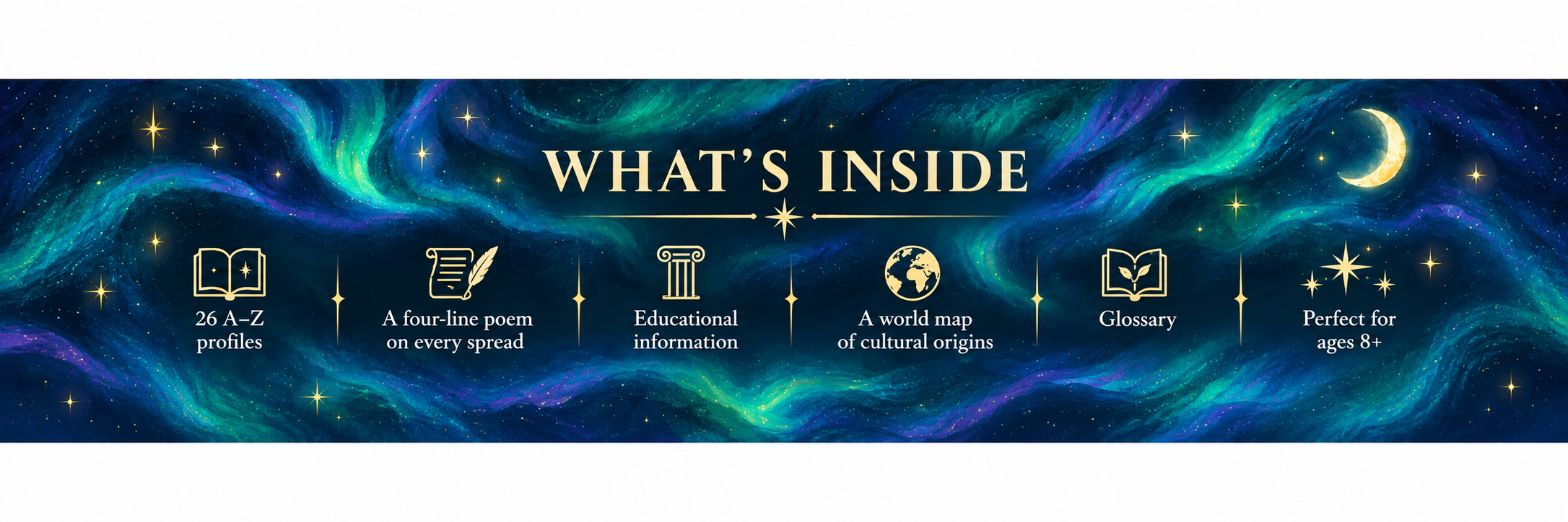 A banner with a cosmic background and stars, showing several features: 26 A-Z profiles, a four-line poem on every spread, educational information, a world map of cultural origins, a glossary, and a note that it is perfect for ages 8+.