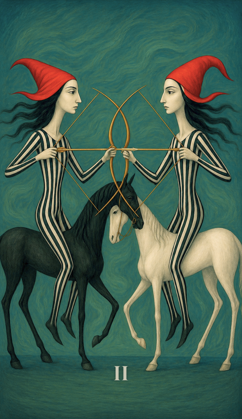 Two women with black and white striped clothing and red pointy hats facing each other, each holding a bow and arrow, with horses beneath them against a swirling green background.