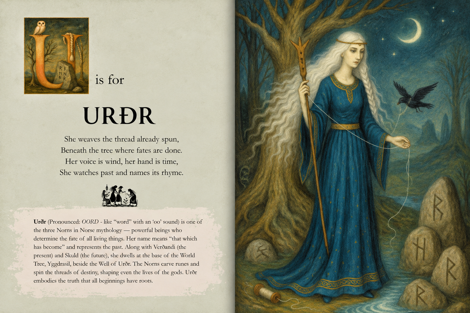A fairy tale illustration showing a woman with long white hair wearing a blue dress holding a staff, standing next to a large tree with rune stones. A black bird is flying nearby, with a crescent moon and stars in the night sky background.