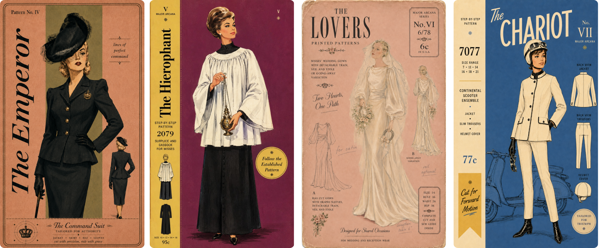 Four vintage sewing pattern covers with illustrations of women in fashion. The first pattern is for a command suit with a tailored jacket and skirt, accessorized with gloves and a hat. The second pattern is for a bishop sleeve dress with a high neckline, shown holding a lantern. The third pattern features a wedding gown with puffed sleeves, veil, and bouquet. The fourth pattern is for a women's suit with a helmet cover, riding helmet, and scooter accessories.