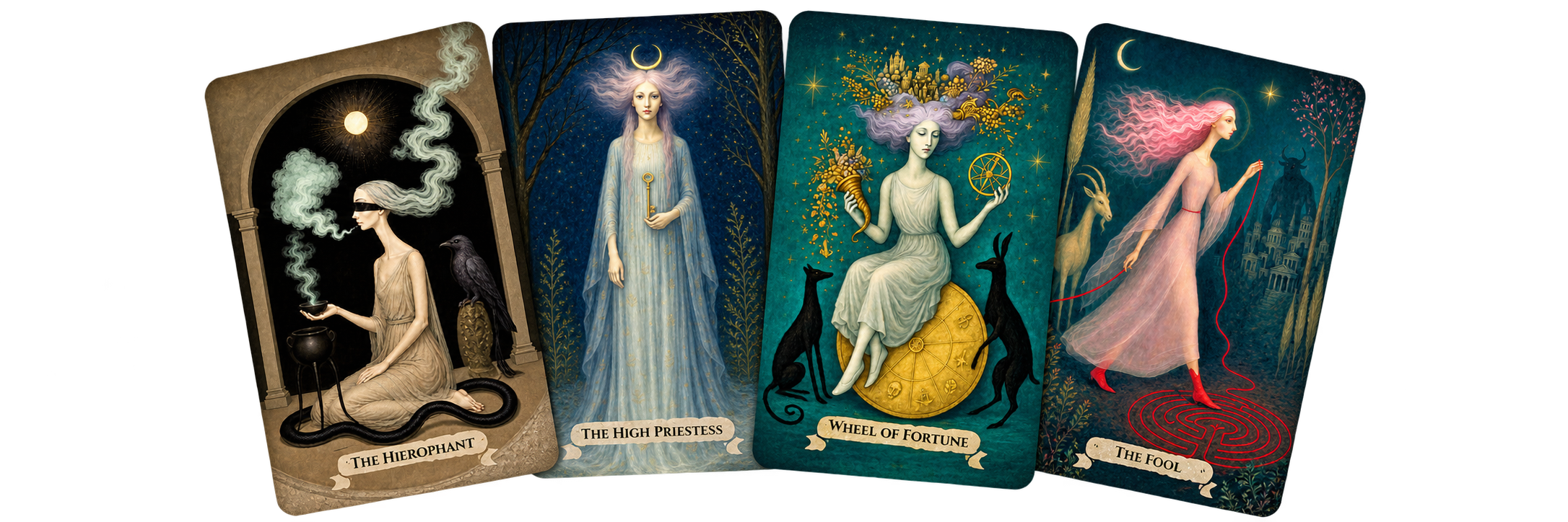 A spread of four fantasy tarot cards featuring a woman with long flowing hair, each representing different themes: The Hierophant, The High Priestess, Wheel of Fortune, and The Fool, with elaborate mystical and symbolic artwork.