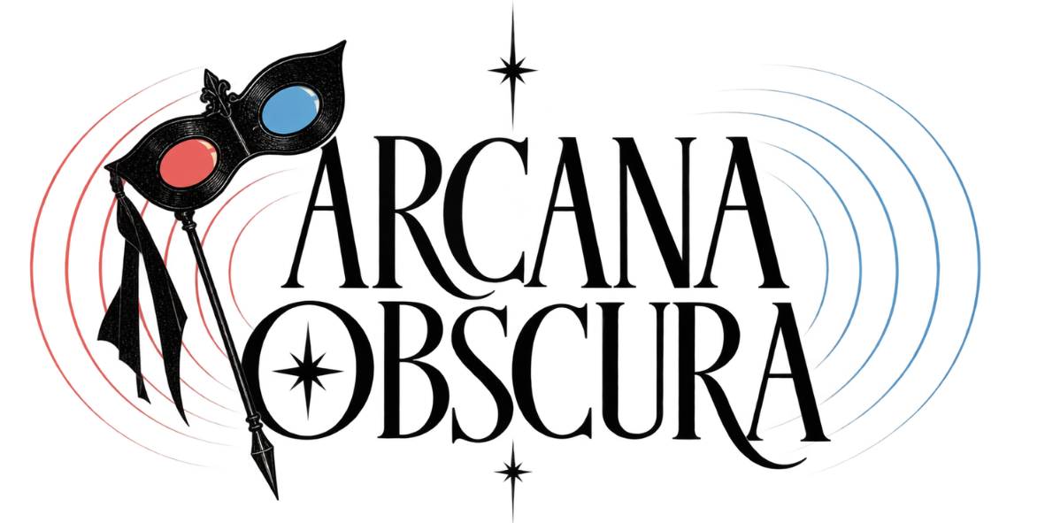 Logo for Arcana Obscura with a black masquerade mask and the name in stylized black text, surrounded by red and blue concentric circles and four black star symbols.