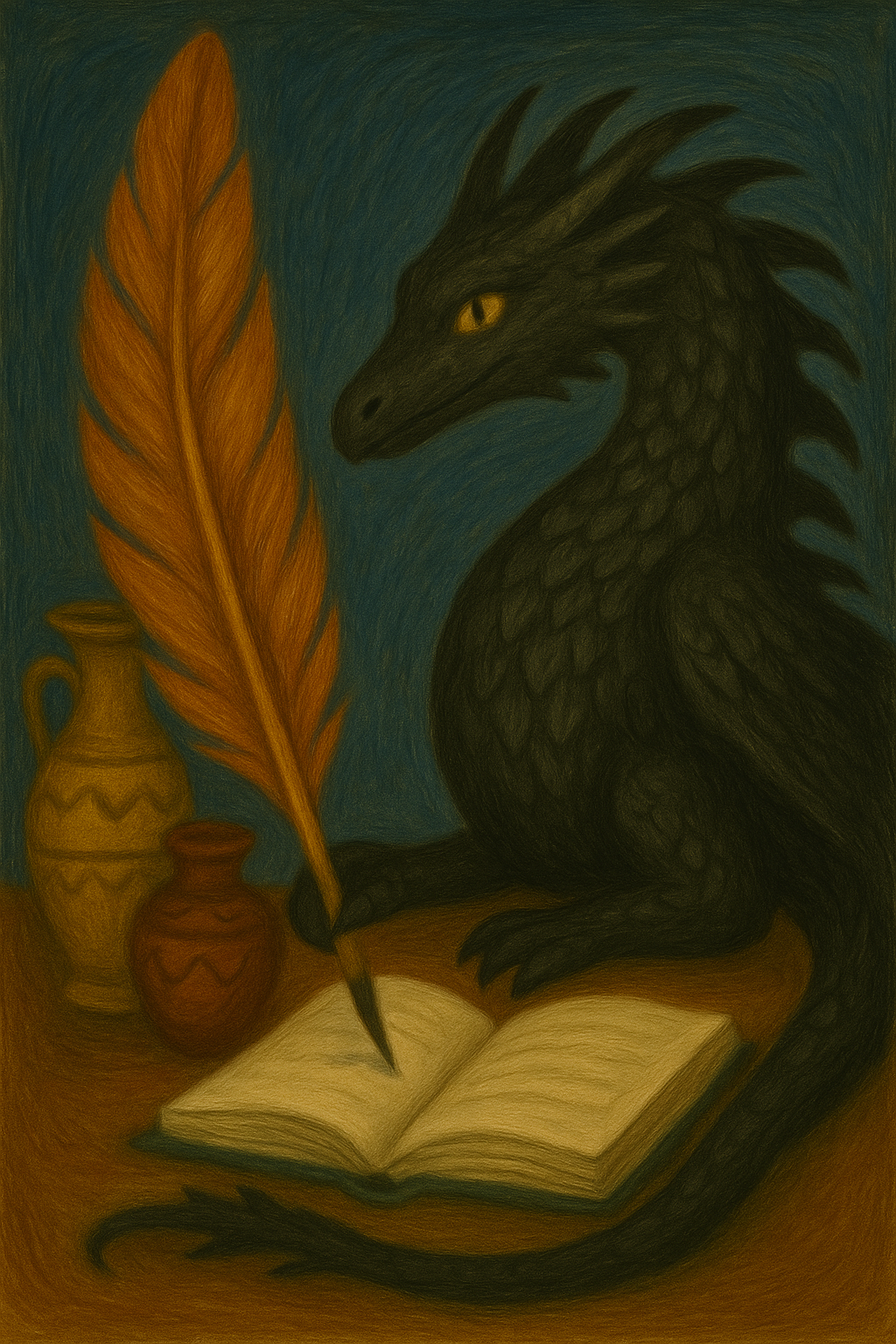 A black dragon with yellow eyes, sitting beside an open book, surrounded by decorative vases and a large orange feather, in a stylized art style.