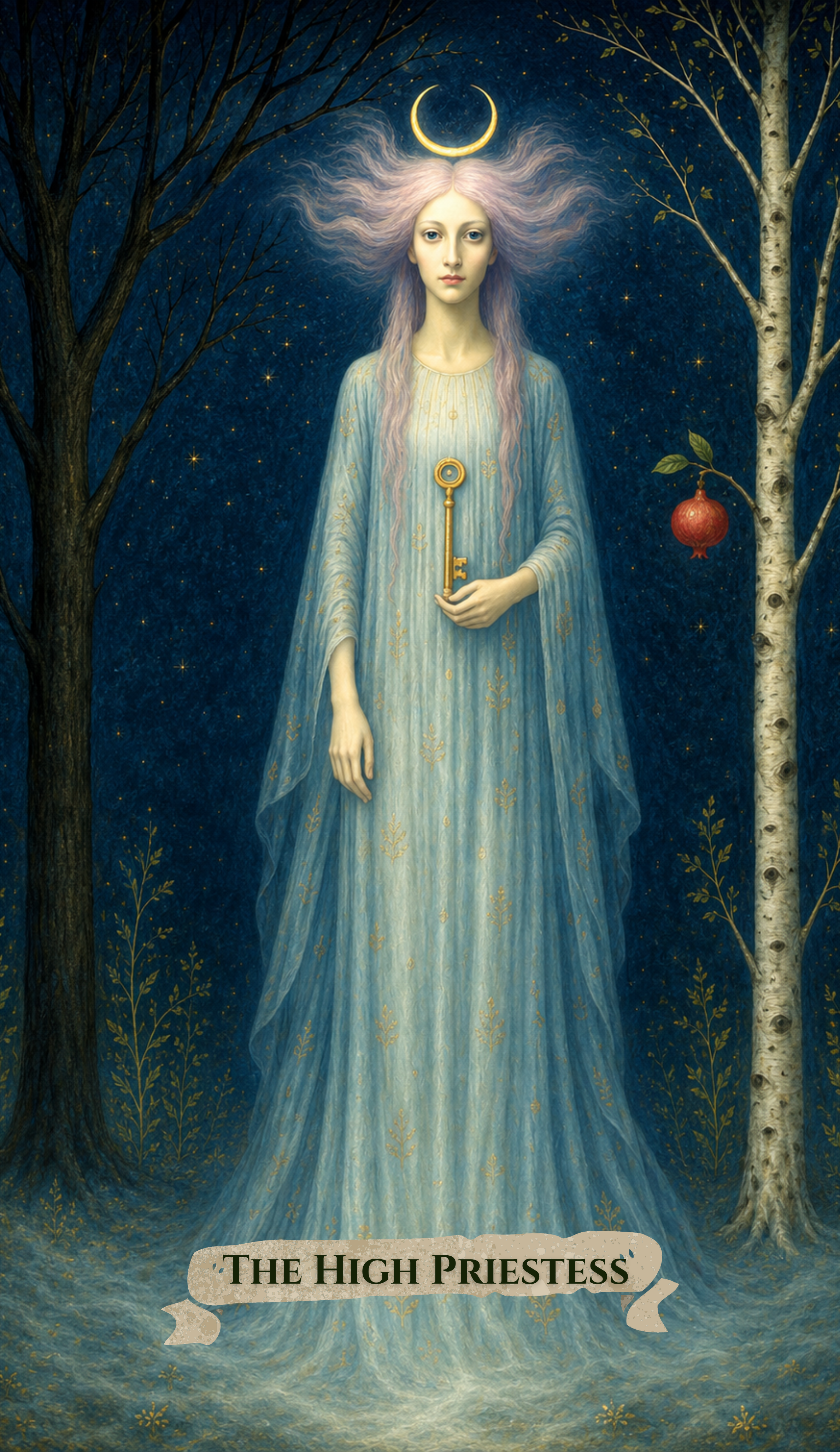 A mystical woman with pale skin and flowing lavender hair standing in a dark blue forest. She wears a long, light blue gown with gold patterns and holds a golden key. A golden crescent moon above her head and stars in the background add to the celest