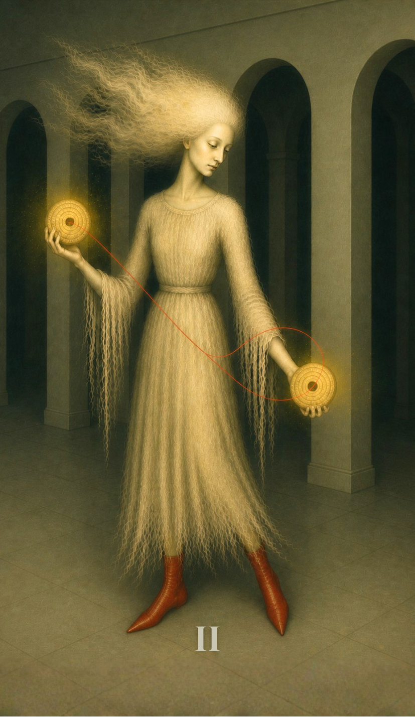 A woman with long, flowing, curly blonde hair, wearing a long, textured beige dress with bell sleeves, red pointed boots, holding two glowing disks connected by a red laser line, standing in a corridor with arches, in a surreal or fantasy style.