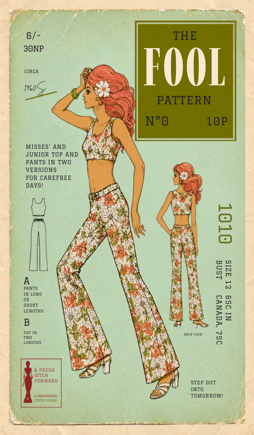 Vintage fashion pattern cover featuring a woman in a floral 1970s outfit with a halter top and wide-leg pants, floral pattern, and a large flower in her hair.