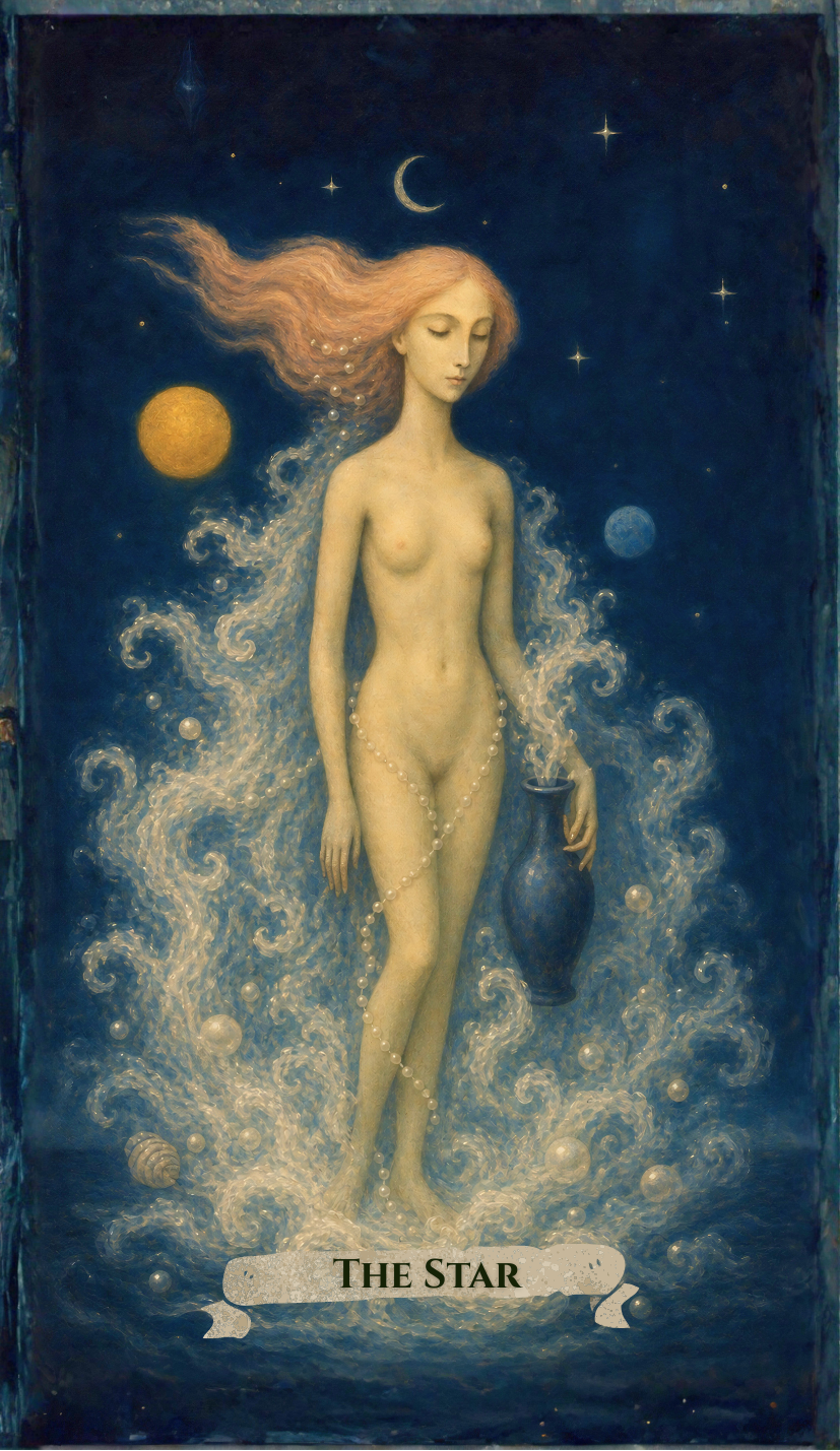 A painting of a nude woman with long red hair, standing among swirling clouds and glowing orbs in a starry night sky with a crescent moon, a sun, and more stars, holding a dark vase in her right hand, with a banner at the bottom reading 'The Star'.