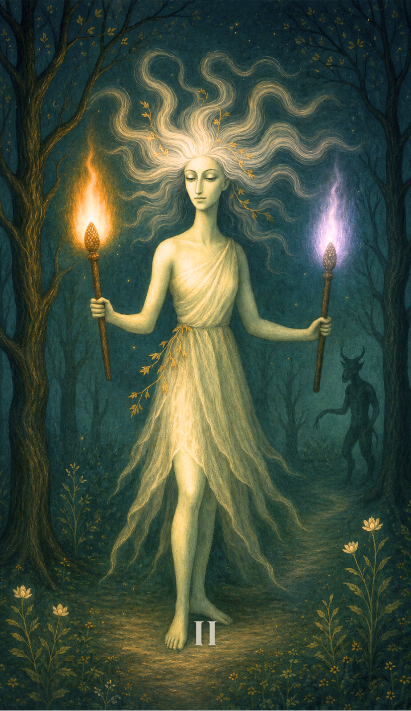 A mystical female figure with flowing white hair holding a lit torch in each hand, standing in a dark forest with a horned creature lurking in the background.