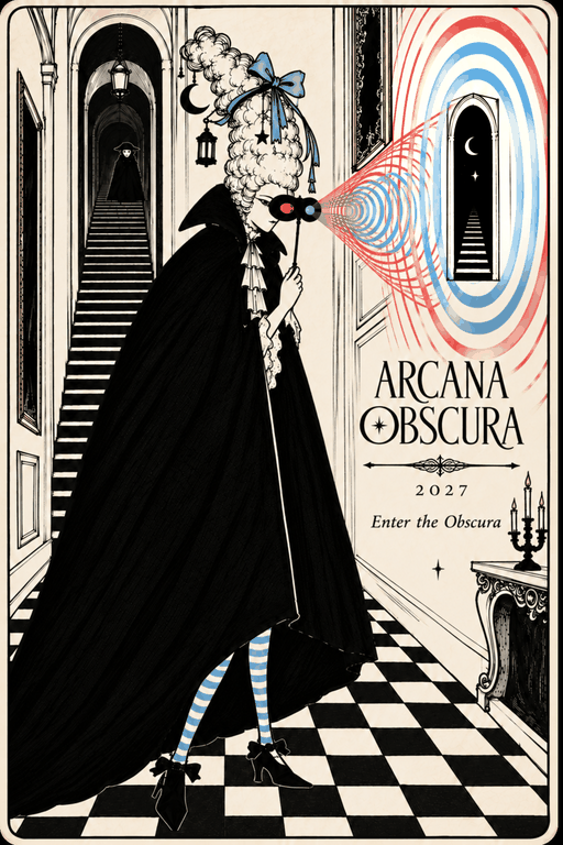 A stylized illustration of a woman with an elaborate wig, wearing a long black cape, standing in a grand hallway with a staircase, holding a monocle to her eye. She appears to be looking at a portal emitting red and blue concentric circles with a crescent moon inside, symbolizing a mysterious or magical theme. The text reads 'Arcana Obscura 2027 Enter the Obscura.'