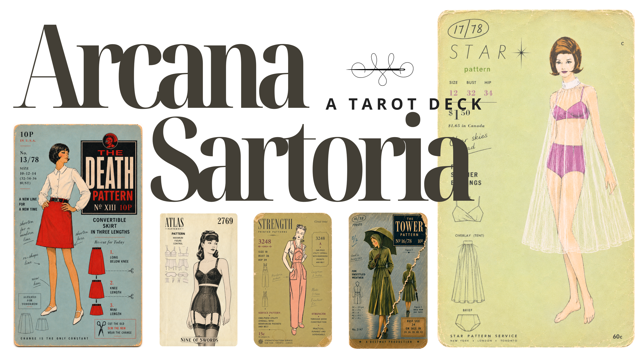 Collage of vintage sewing pattern illustrations and advertisements, including designs for skirts, lingerie, and outerwear, with text in black and pastel colors.