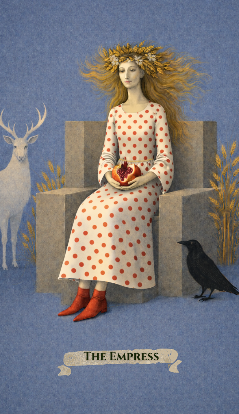 An illustration of a woman with flowing blond hair wearing a crown of yellow leaves and white flowers, sitting on a stone throne, holding a pomegranate. She is dressed in a white dress with red polka dots and red shoes. To her right, a black crow sta