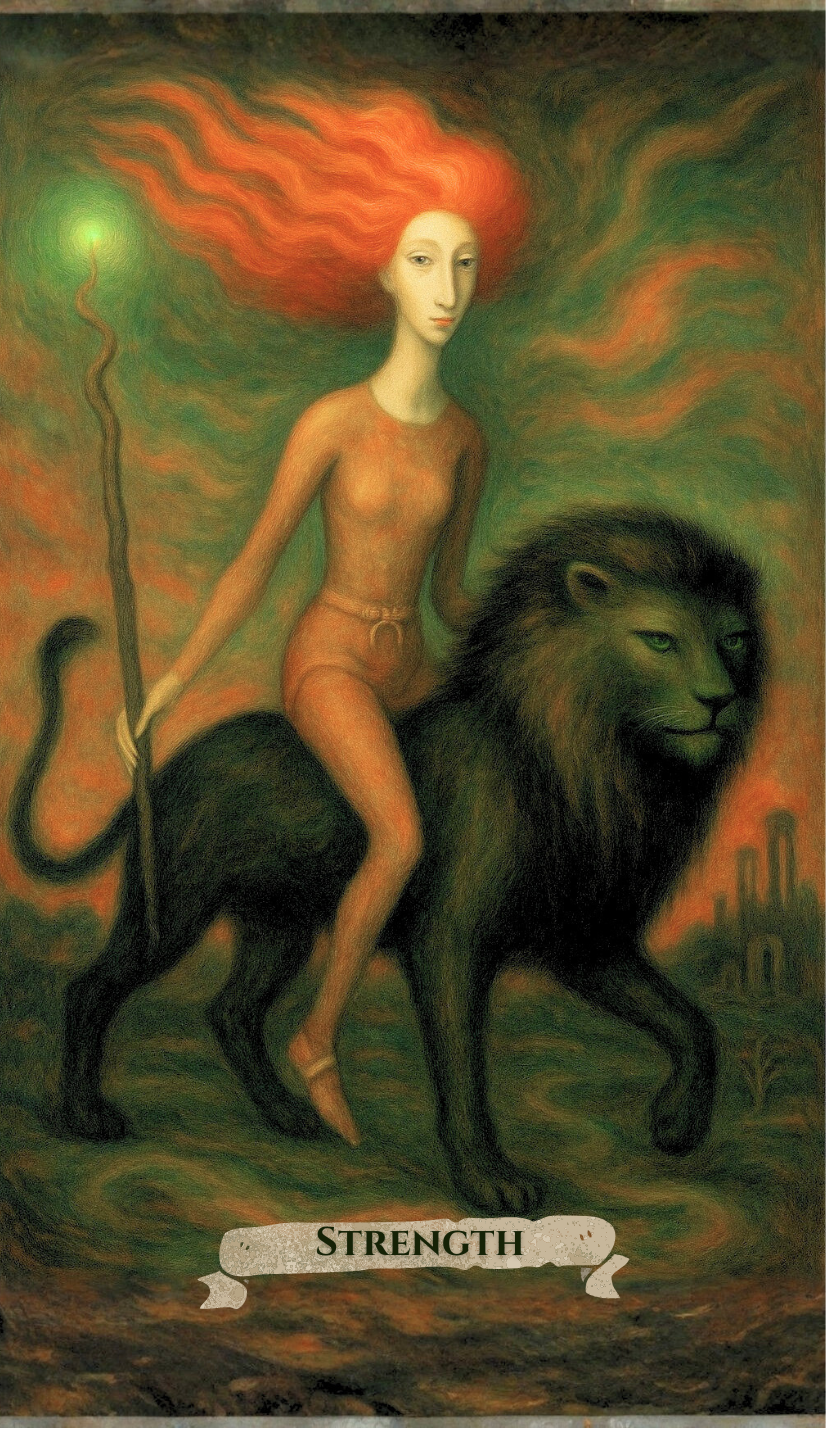 A surreal painting of a woman with flowing red hair riding a black lion. She holds a staff with a green light at the top and is labeled 'Strength'.