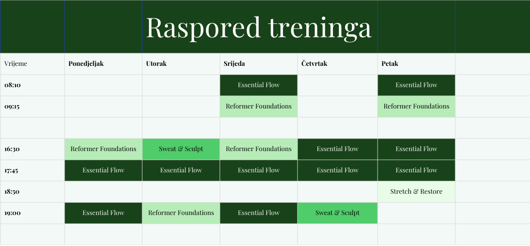 Weekly schedule for a Pilates reformer training class in Rijeka, listing class times and types from Monday to Friday.
