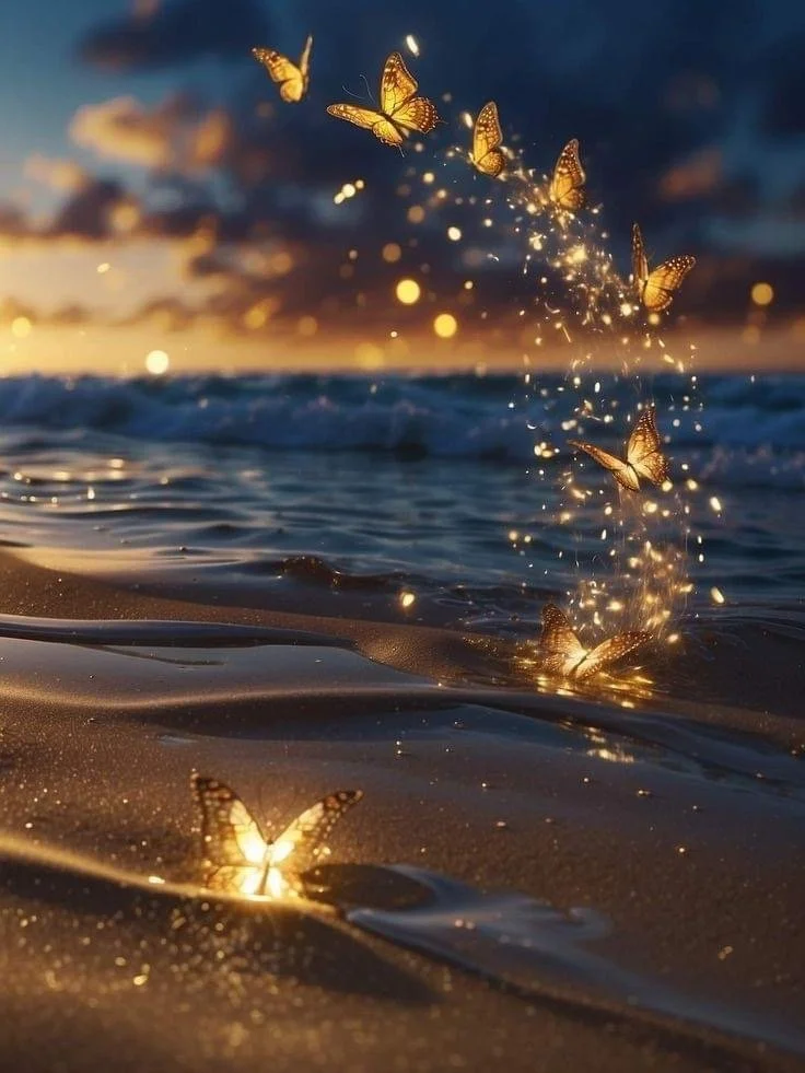 Butterflies flying over a sandy beach at sunset, with sparkling light effects.