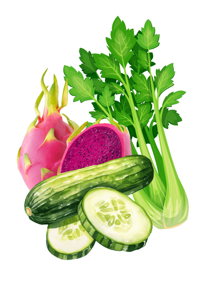 Verschiedene grüne Gemüsesorten und eine Drachenfrucht.