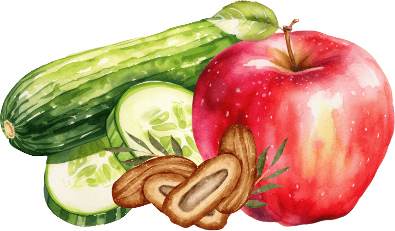 Ein roter Apfel, eine Gurke, zwei Gurkenscheibe und Datteln