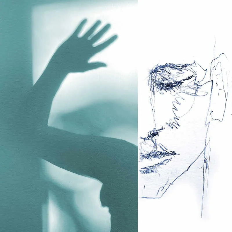 Illustration zu Scham: Schatten einer Hand über skizziertem Gesicht – Rückzug und Verletztlichkeit.