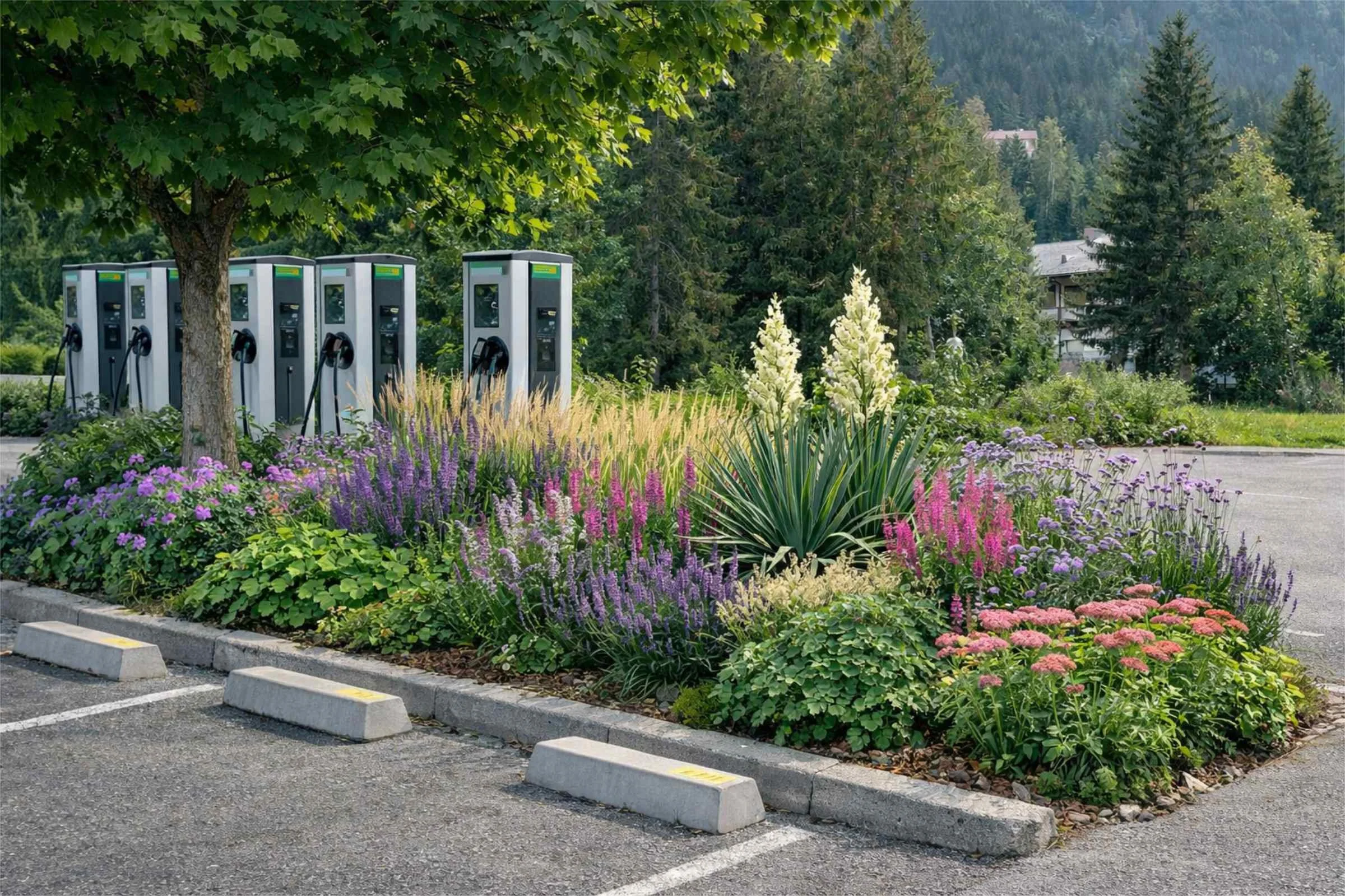 Fotorealistisches KI-Bild einer modernen, biodiversen Staudenbepflanzung auf einem Parkplatz mit E-Tankstelle.