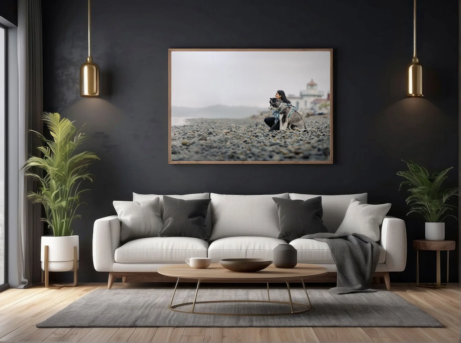 Rustic interior design featuring a large canvas wall art of a Alaskan Malmute captured by The Pawtrait Space