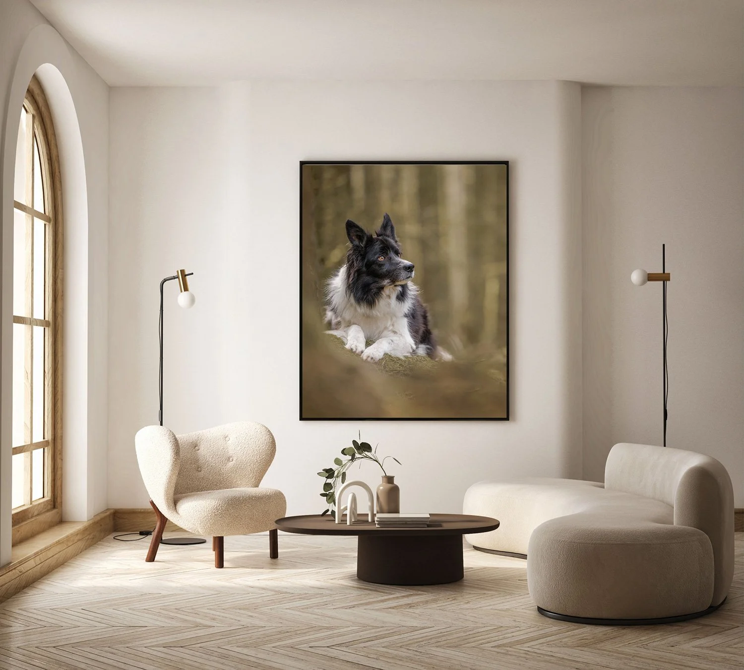 Library room with heartwarming framed photo of a Border Collie by The Pawtrait Space, adding charm to the space